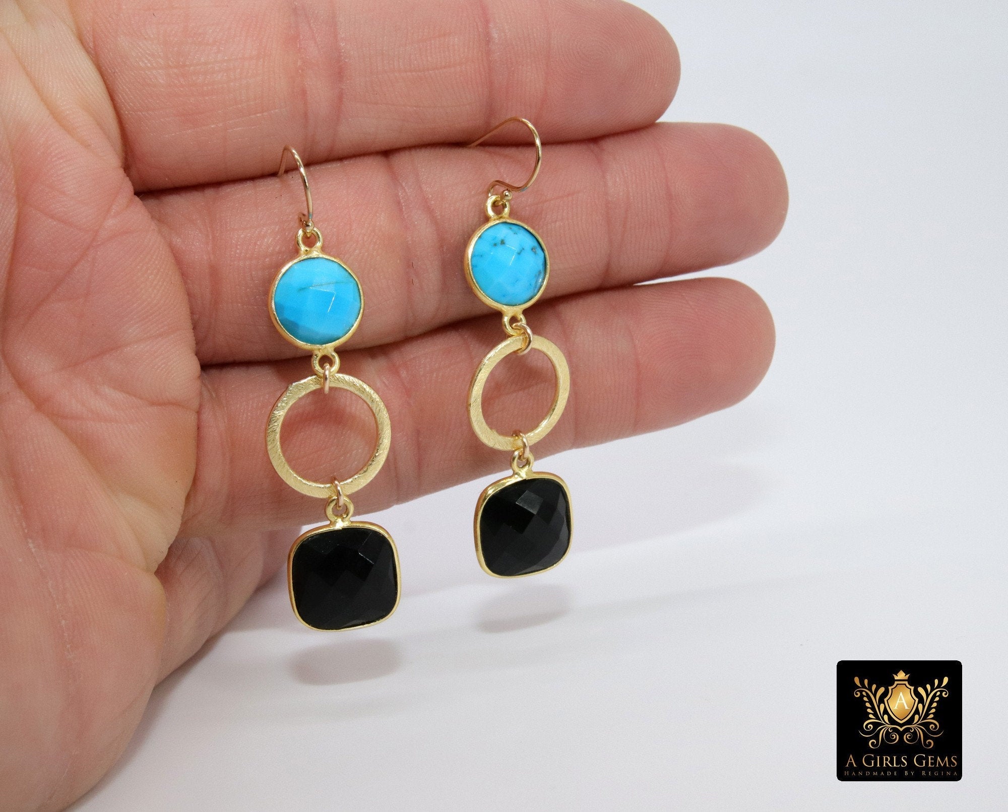 14 K Gold Blue Turquoise Earrings, Black Onyx Gemstones, Dangle Ear Wire Hooks - A Girls Gems