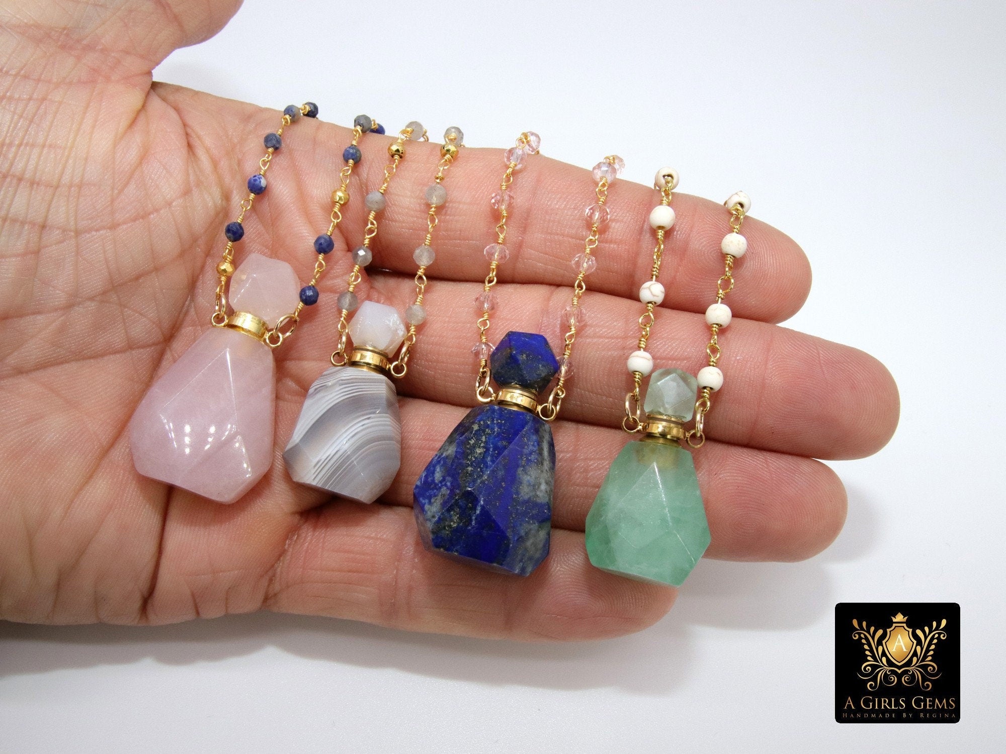 Perfume Bottle Rosary Chain Necklace, Essence Oil Crystal Quartz, Blue Turquoise Gold Pyrite Necklace - A Girls Gems