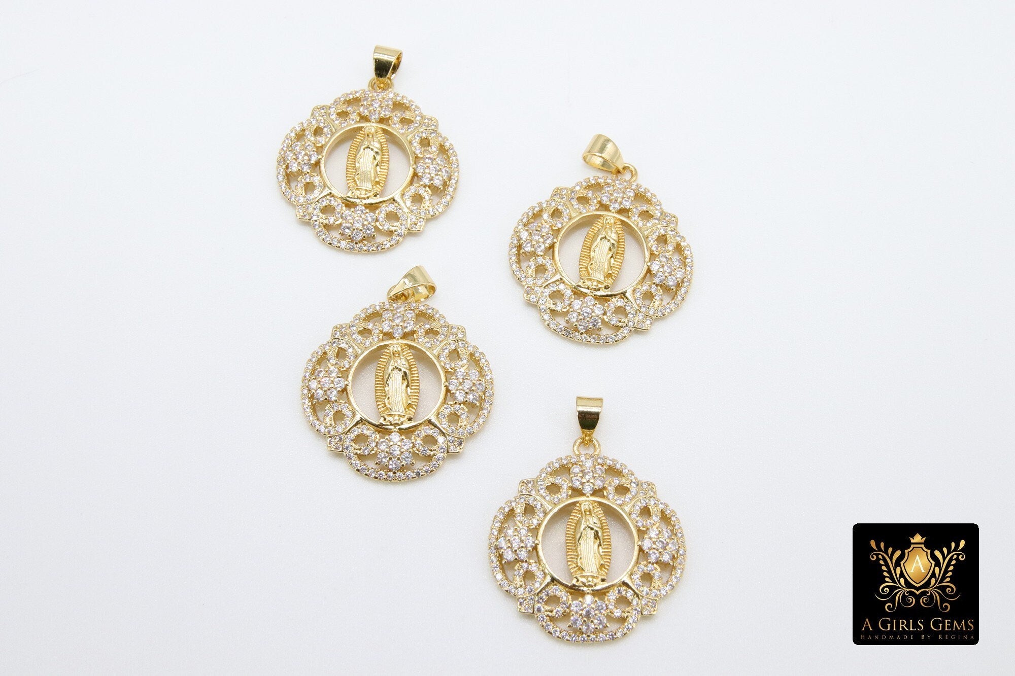Gold Jesus Virgin Mary Charms, CZ Micro Pave Religious Pendants #179, Filigree Lace Pendants