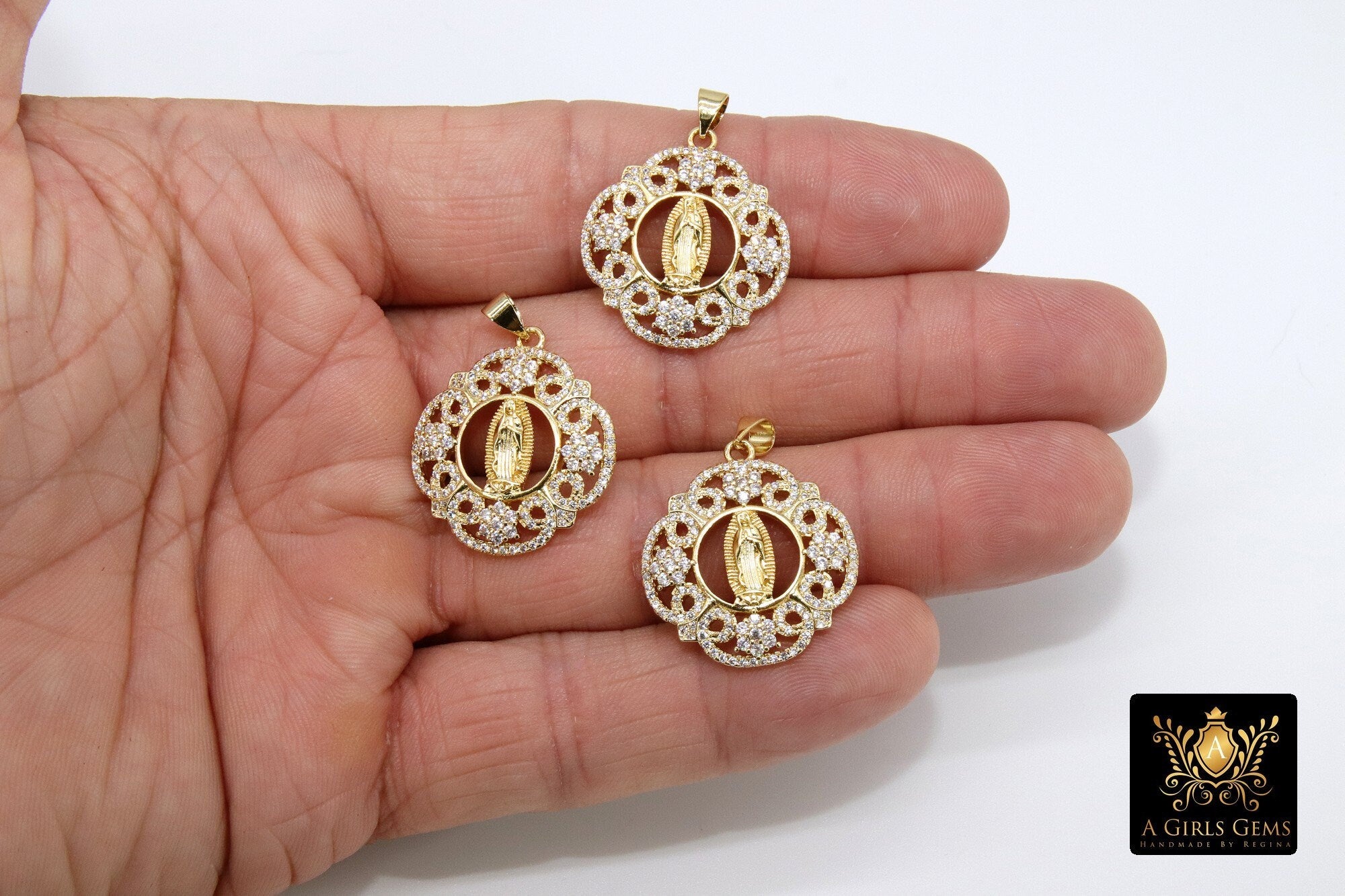 Gold Jesus Virgin Mary Charms, CZ Micro Pave Religious Pendants #179, Filigree Lace Pendants