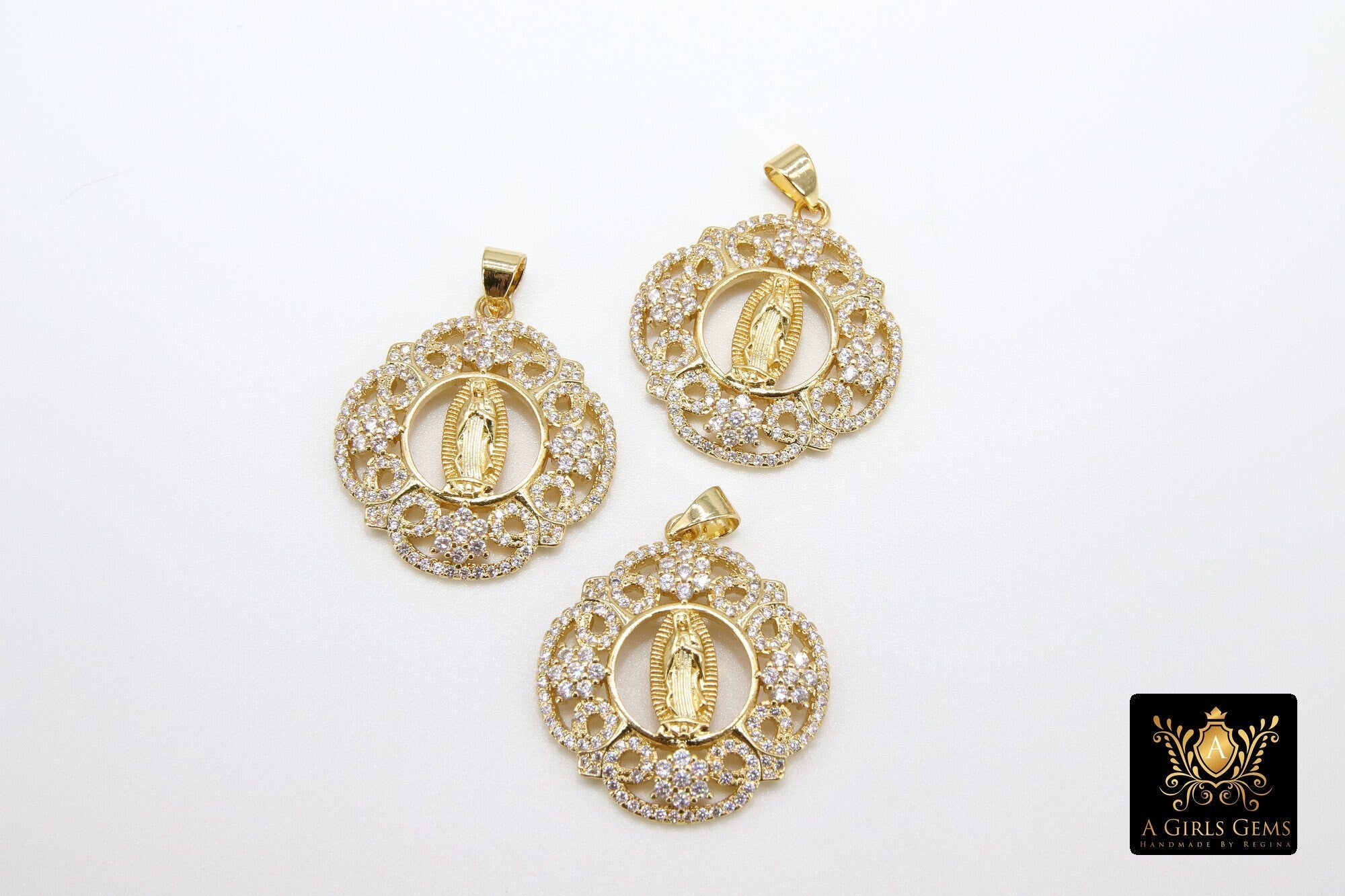 Gold Jesus Virgin Mary Charms, CZ Micro Pave Religious Pendants #179, Filigree Lace Pendants