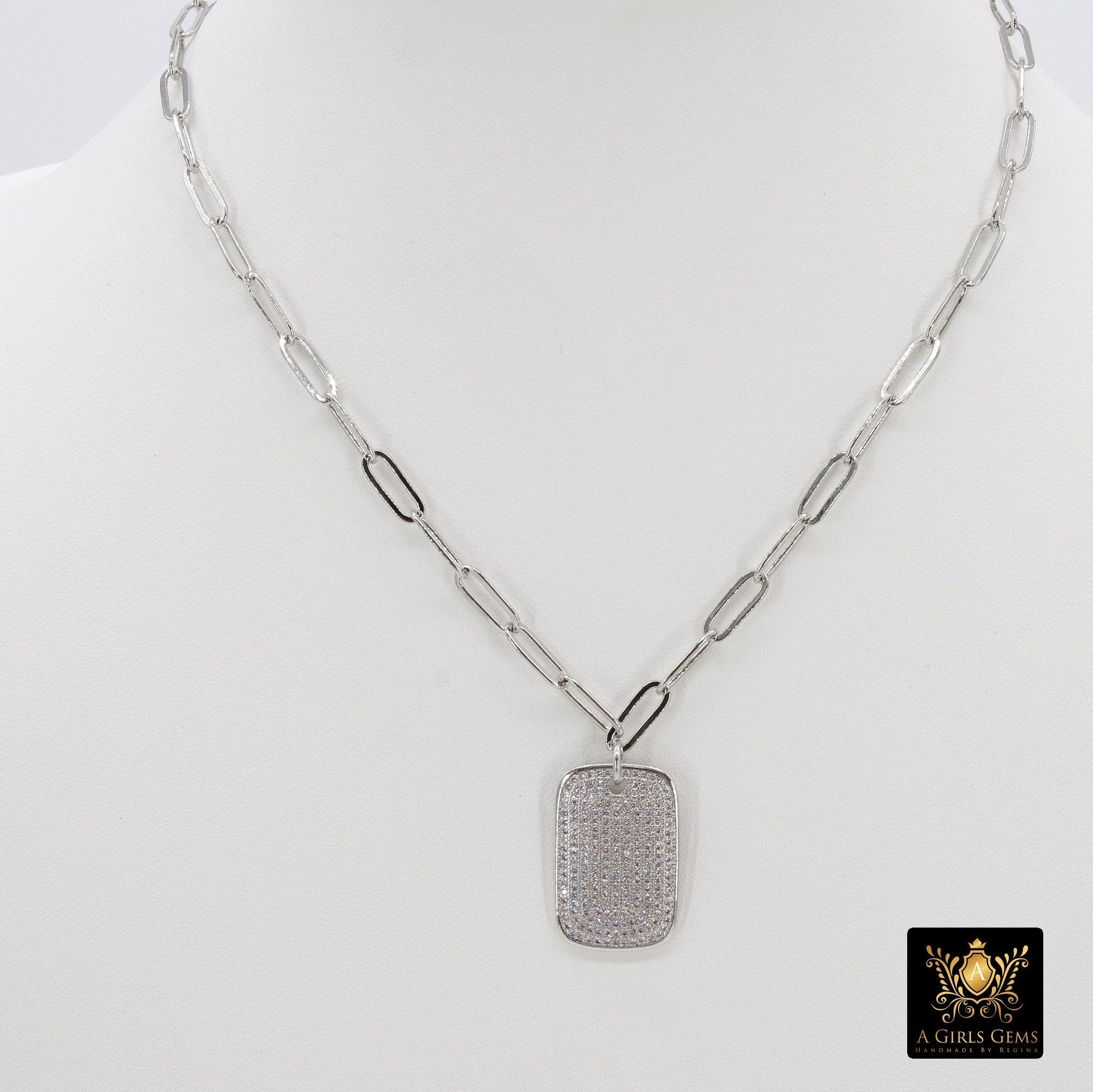 Dog Tag Necklace, CZ Silver Rectangle Pendants - A Girls Gems