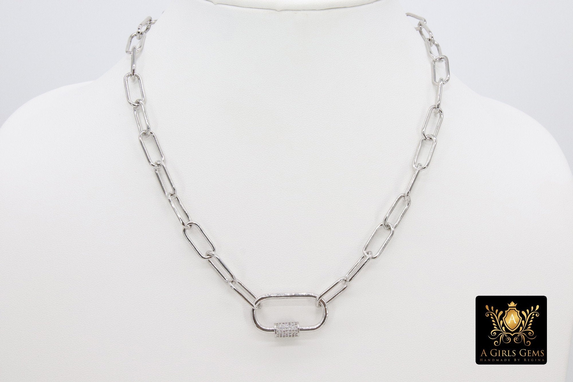 Silver Chain Choker, Paper Clip Chain Necklace, CZ Oval Screw Clasps, Thick Rectangle Chain, Gold, Black, Rose, Silver