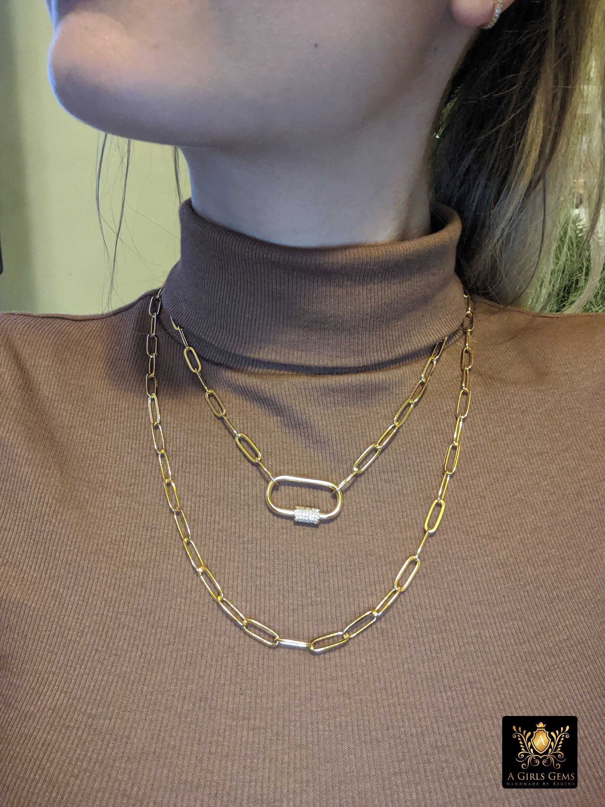 Gold Rectangle Necklace, Oval Screw Clasp Long Necklace, Wrap Necklace, Everyday Choker - A Girls Gems