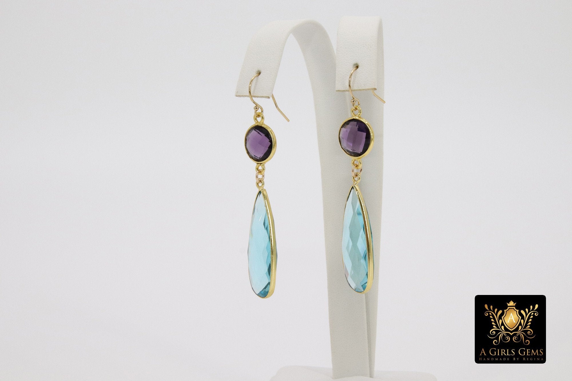14 K Gold Blue Topaz Earrings, Amethyst Gemstones, Dangle Ear Wire Hooks, December Birthday - A Girls Gems