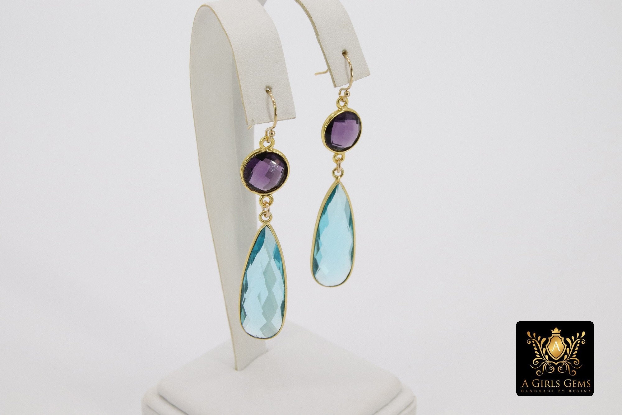 14 K Gold Blue Topaz Earrings, Amethyst Gemstones, Dangle Ear Wire Hooks, December Birthday - A Girls Gems