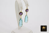 14 K Gold Blue Topaz Earrings, Amethyst Gemstones, Dangle Ear Wire Hooks, December Birthday - A Girls Gems