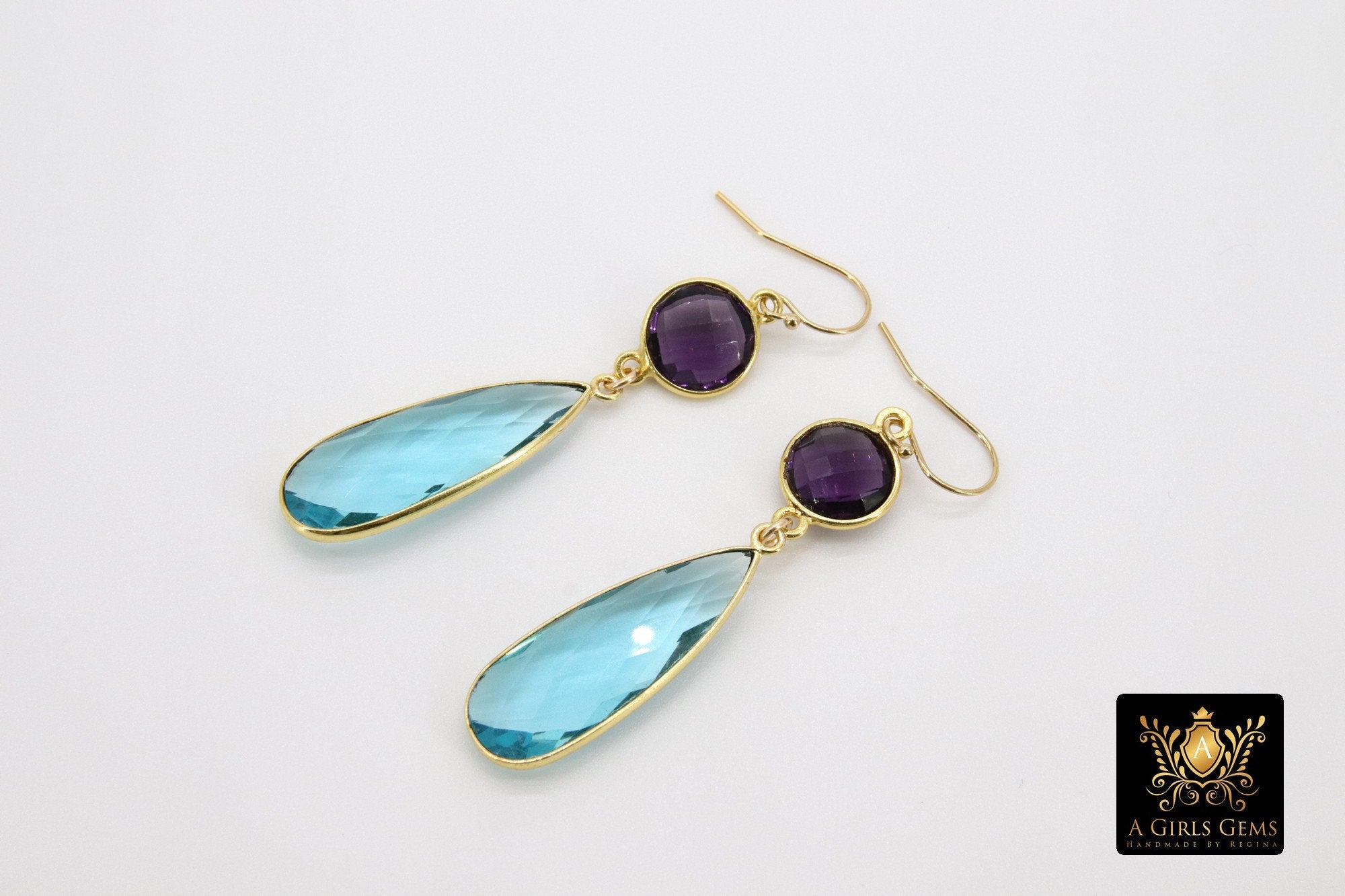 14 K Gold Blue Topaz Earrings, Amethyst Gemstones, Dangle Ear Wire Hooks, December Birthday - A Girls Gems