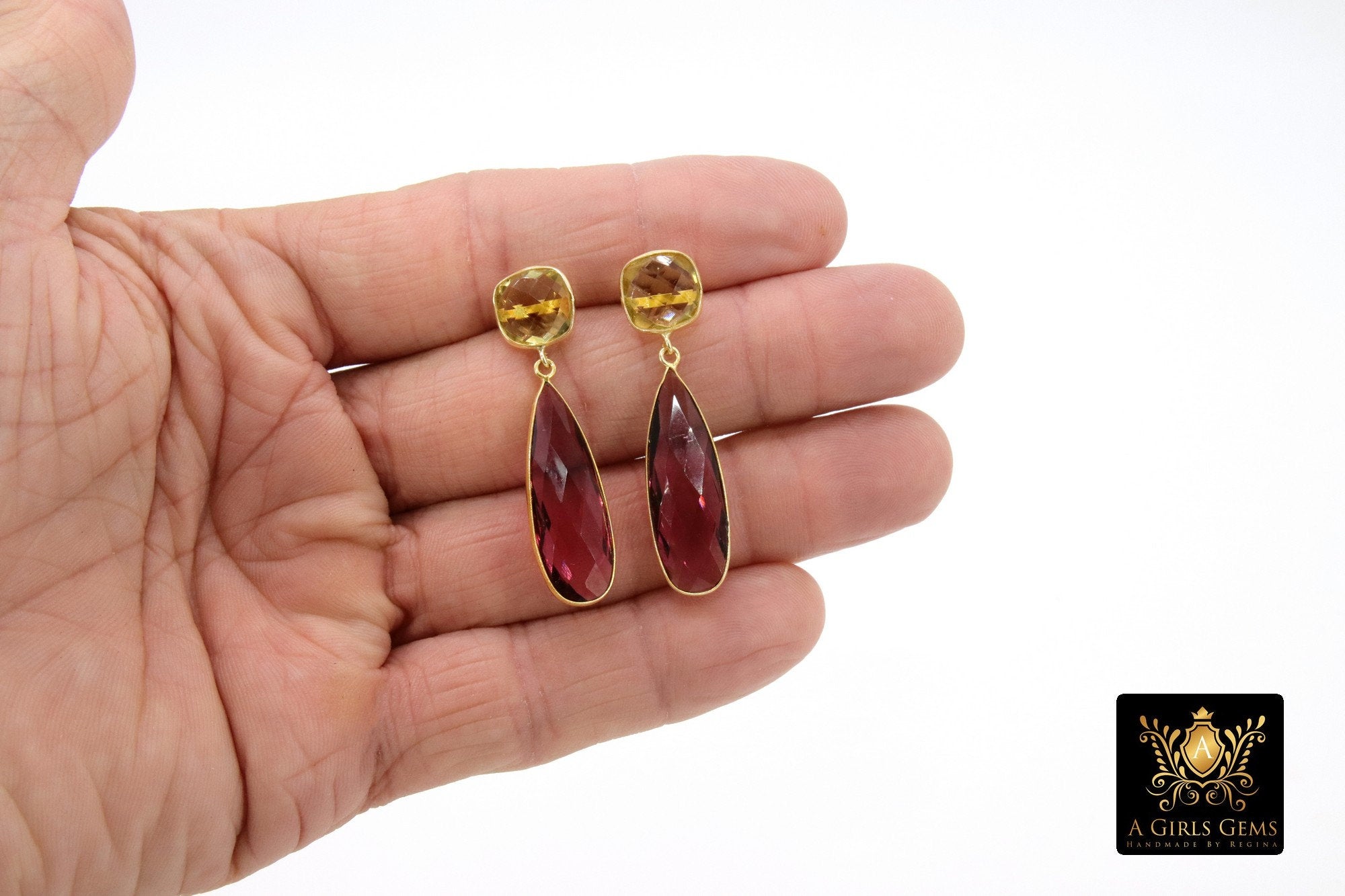 Pink Tourmaline and Lemon Quartz Stud Earrings, Gold, 925 Long Teardrop Gemstone Jewelry - A Girls Gems