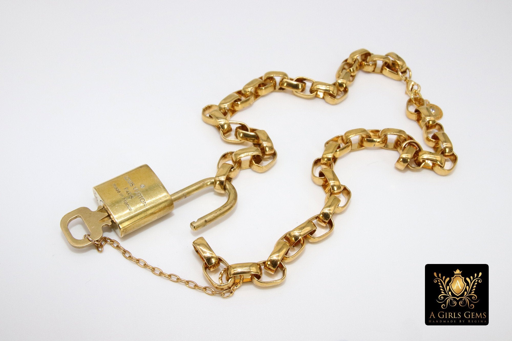 Gold Vintage Rolo Chain Chunky Necklace with Authentic Louis Vuitton Padlock #300 - A Girls Gems
