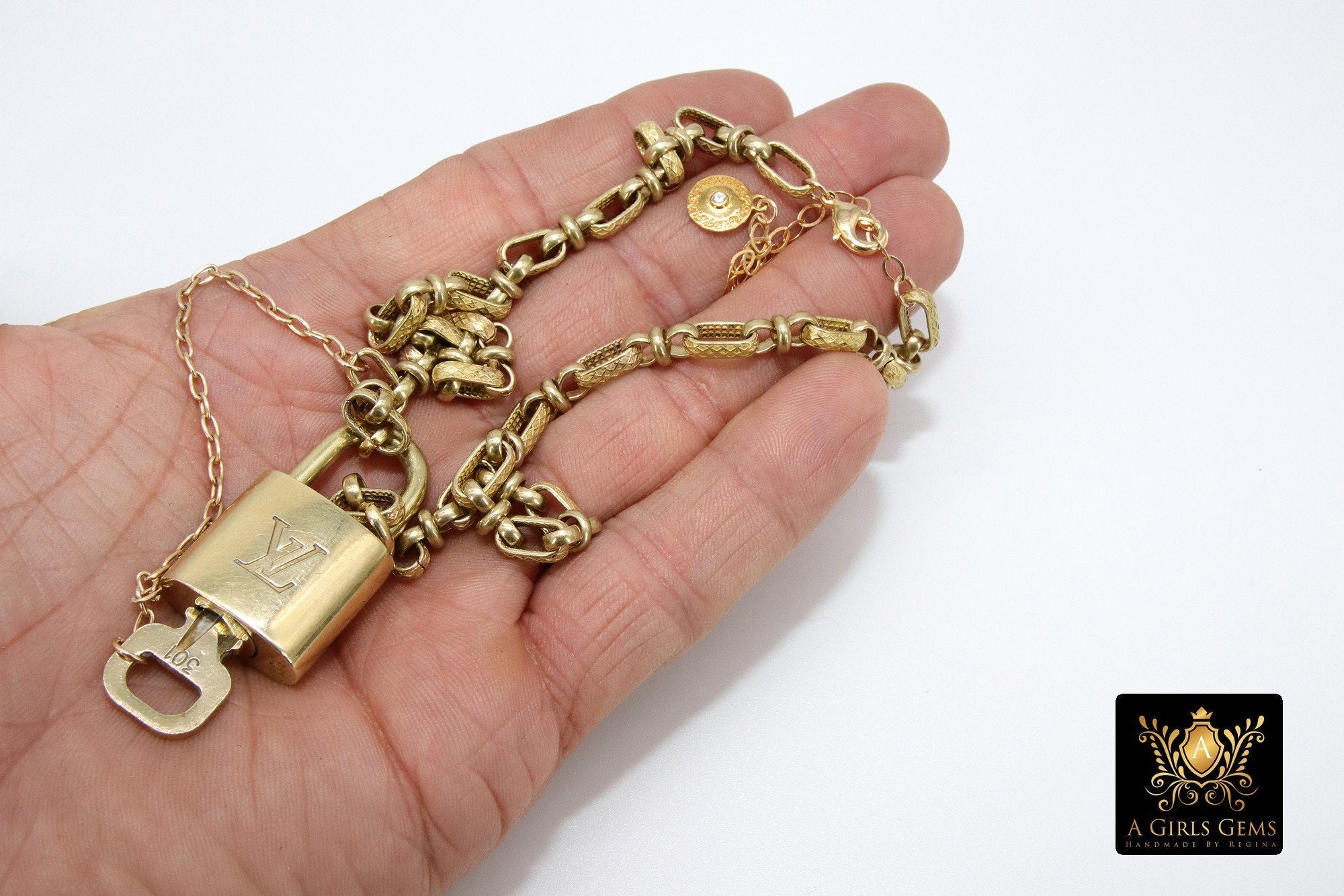 Gold Repurposed Textured Vintage Chain with Authentic LV Lock and Key #328 - A Girls Gems