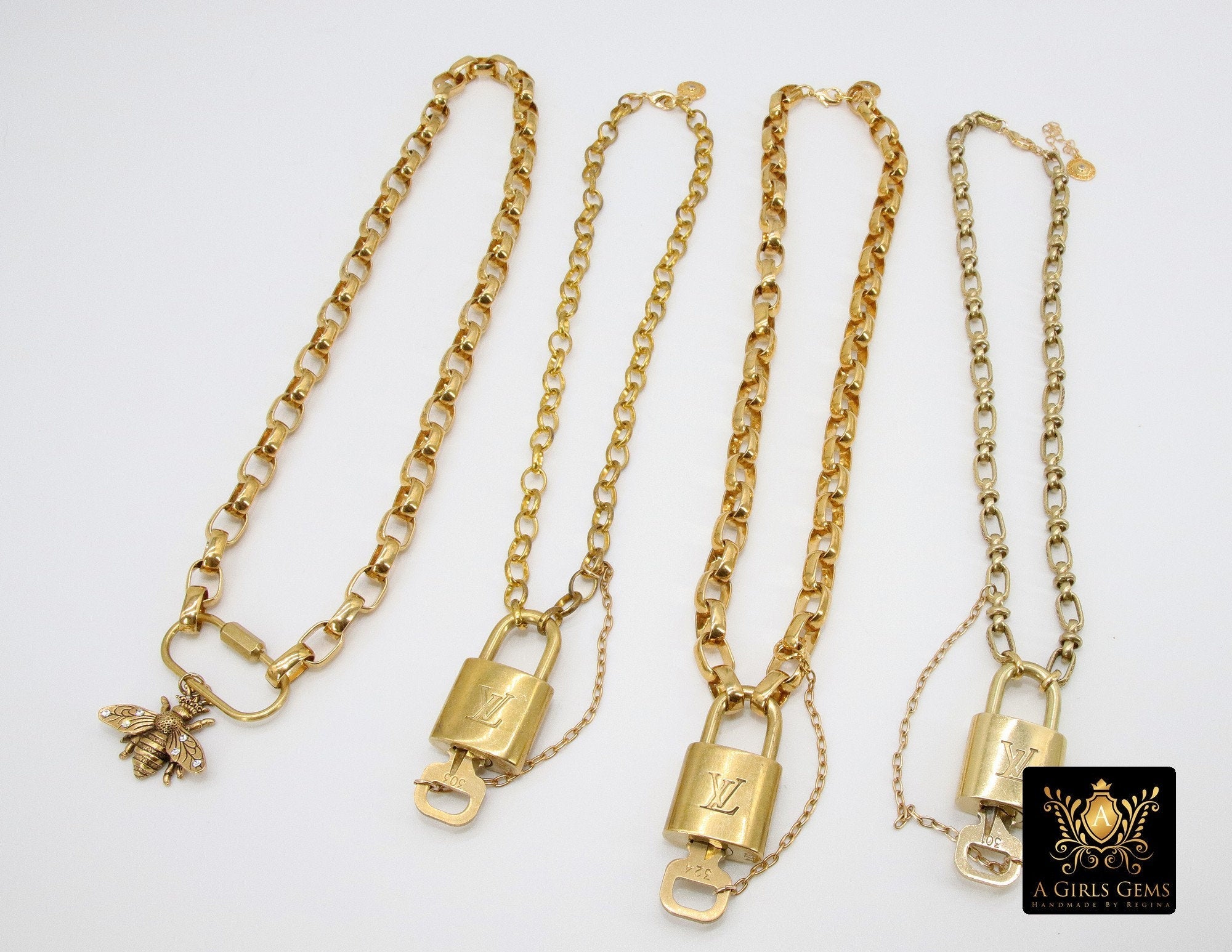 Gold Repurposed Textured Vintage Chain with Authentic LV Lock and Key #328 - A Girls Gems