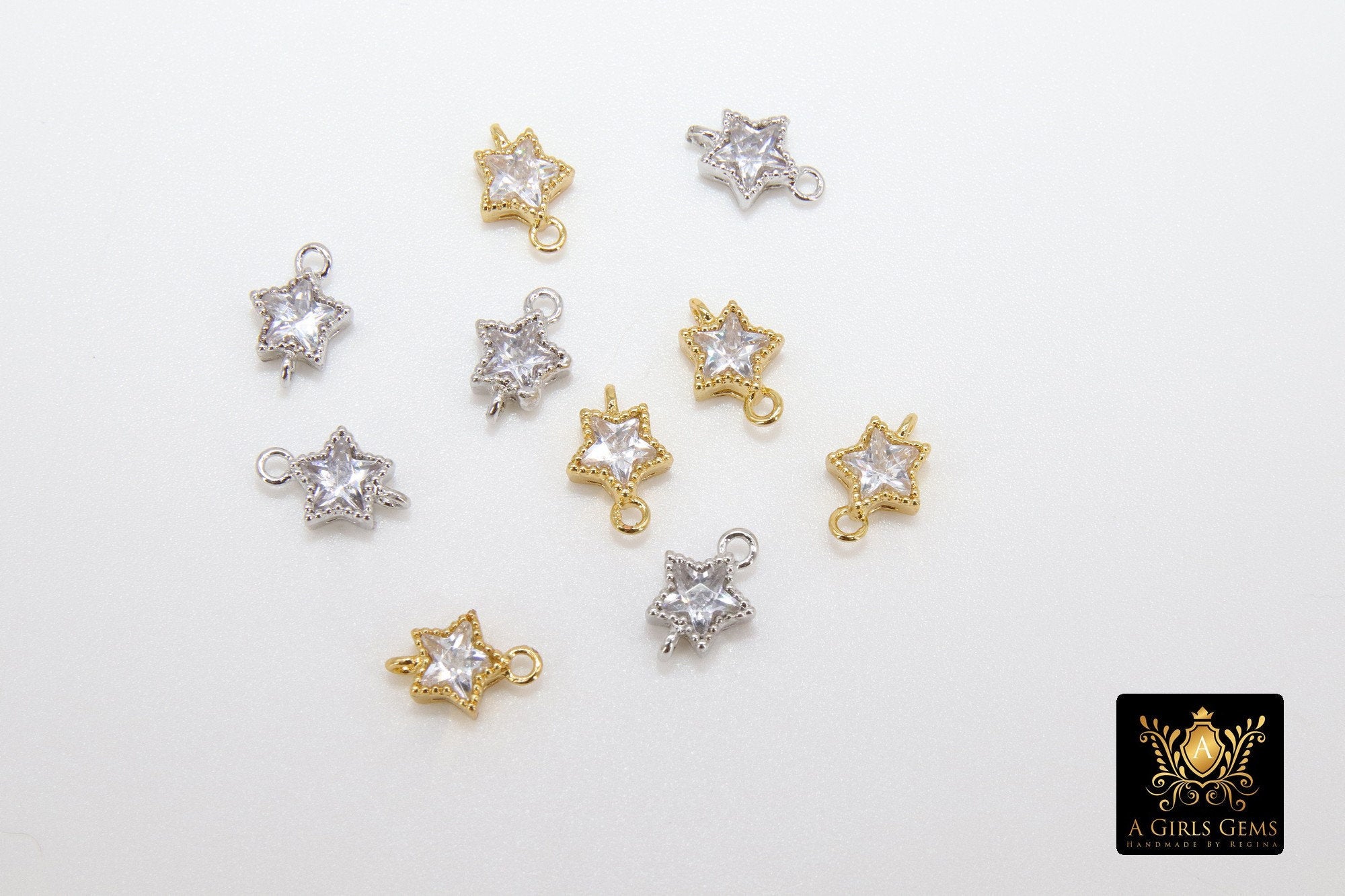 CZ Star Connectors, 3 Pcs Tiny Starburst Shape #529, Lariat Drop Center and Mini Star Charms