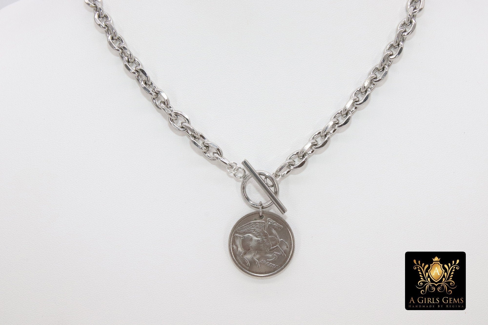 Silver Coin Necklace, Silver Medallion Toggle Wrap Necklace, Chunky Chain, Pegasus Greek Coin