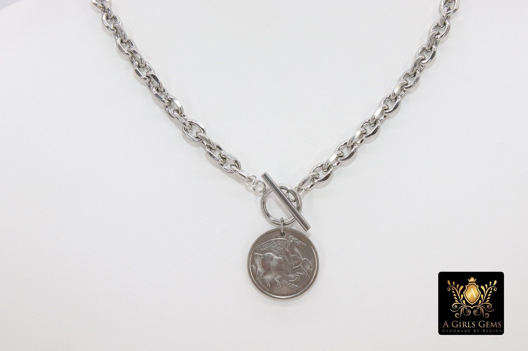 Greek Athena God Silver Coin Necklace, Silver Phoenix Toggle Wrap Necklace, Chunky Cable Chain - A Girls Gems