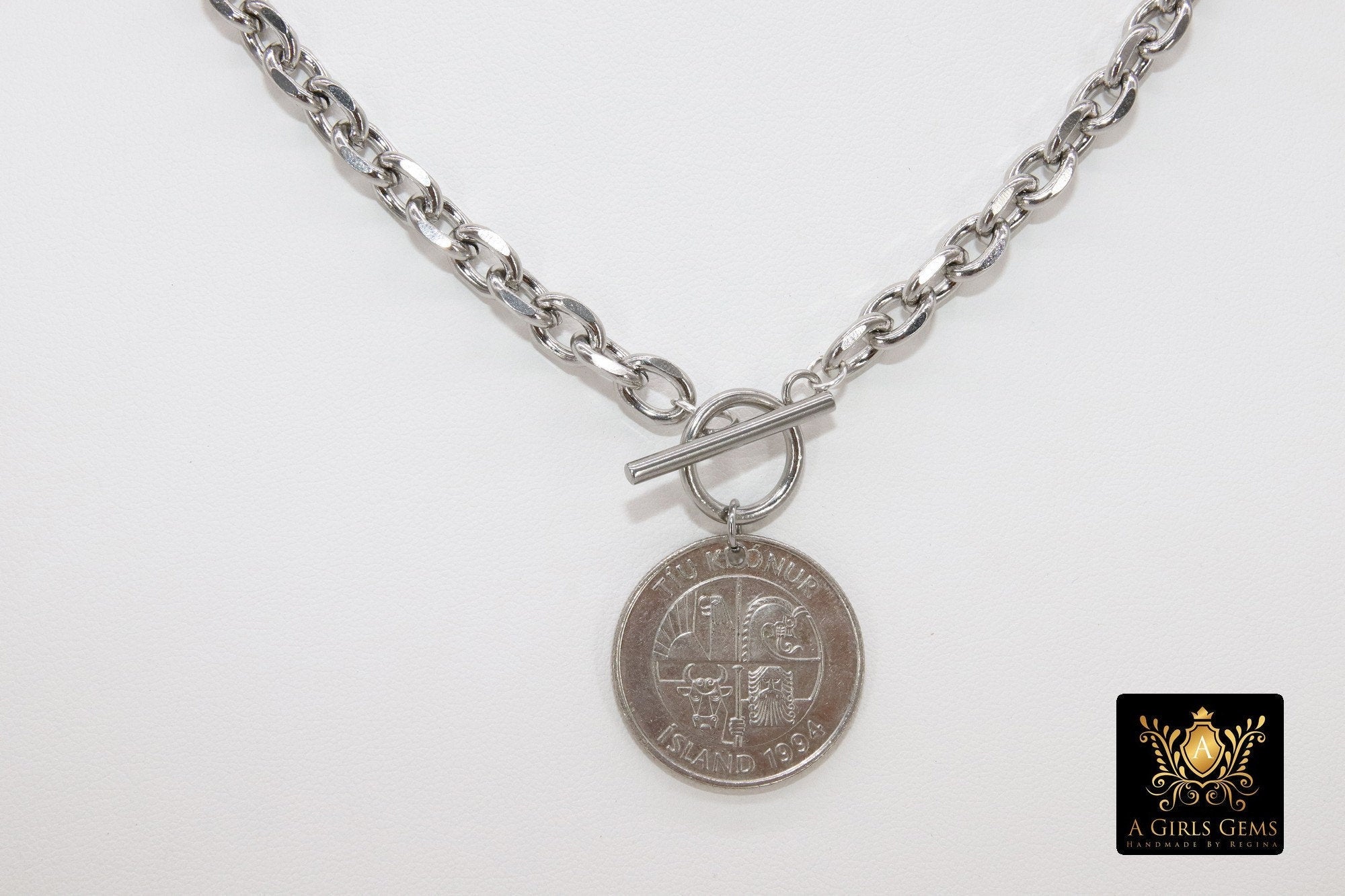 Silver Coin Necklace, Silver Medallion Toggle Wrap Necklace, Heavy Chain, Four Protectors, Fish Coin - A Girls Gems