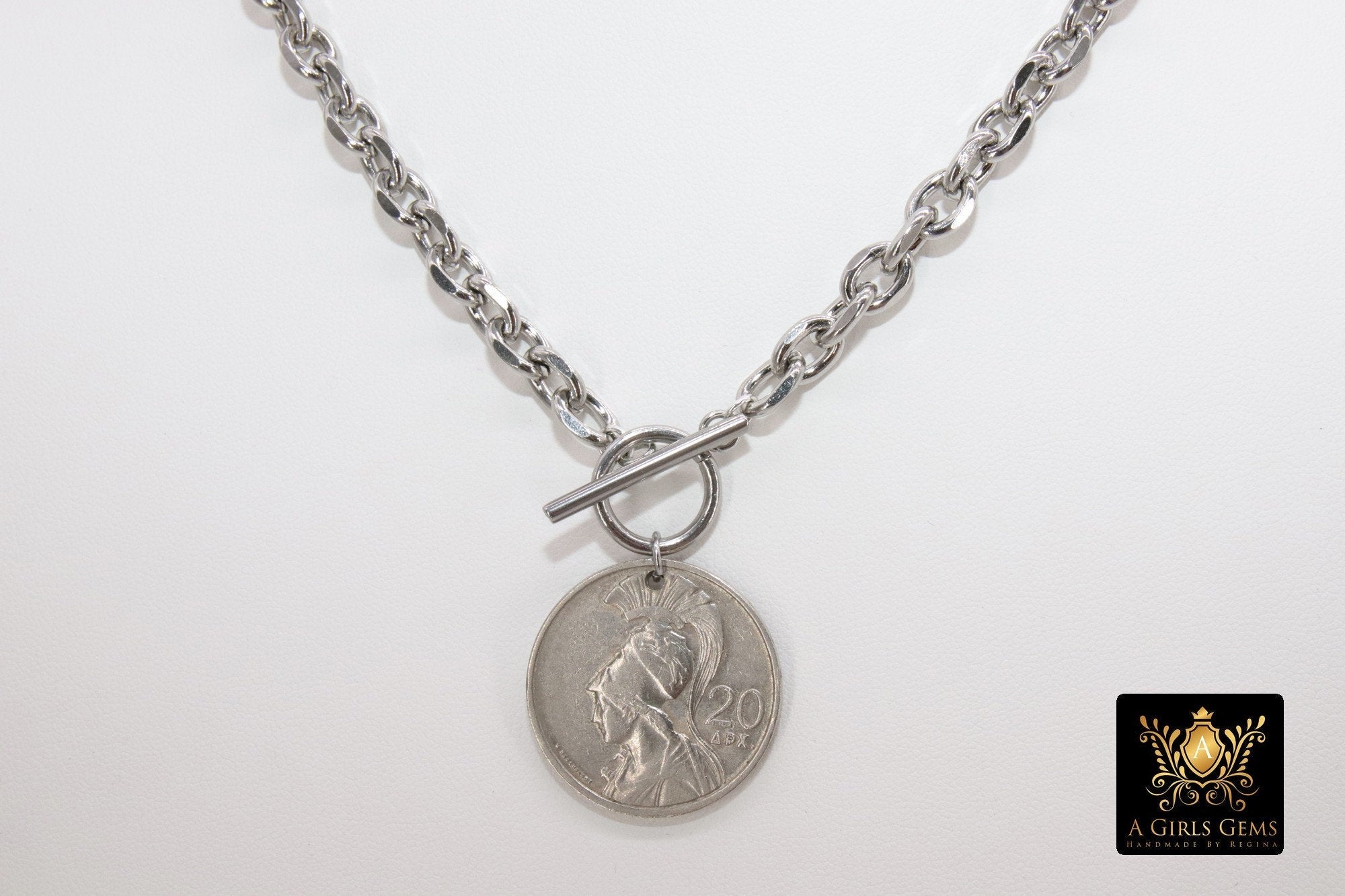 Greek Athena God Silver Coin Necklace, Silver Phoenix Toggle Wrap Necklace, Chunky Cable Chain - A Girls Gems