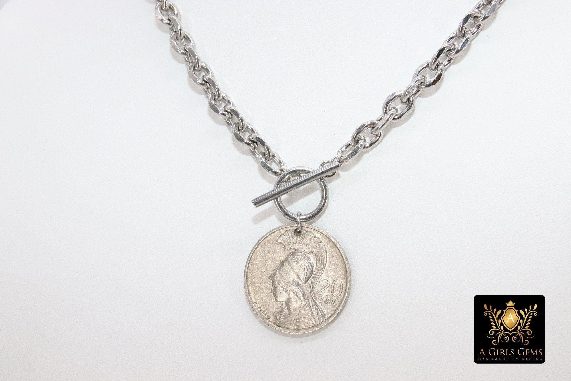 Greek Athena God Silver Coin Necklace, Silver Phoenix Toggle Wrap Necklace, Chunky Cable Chain - A Girls Gems