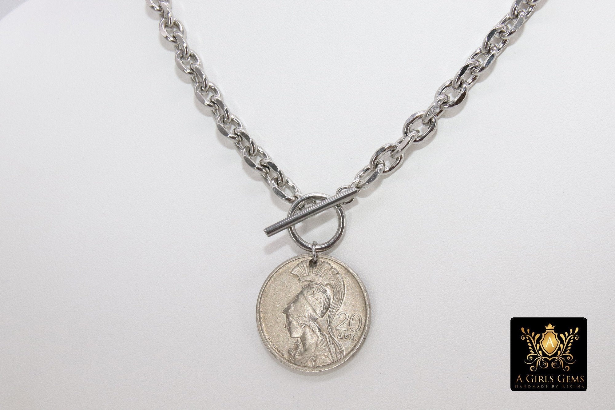 Greek Athena God Silver Coin Necklace, Silver Phoenix Toggle Wrap Necklace, Chunky Cable Chain - A Girls Gems
