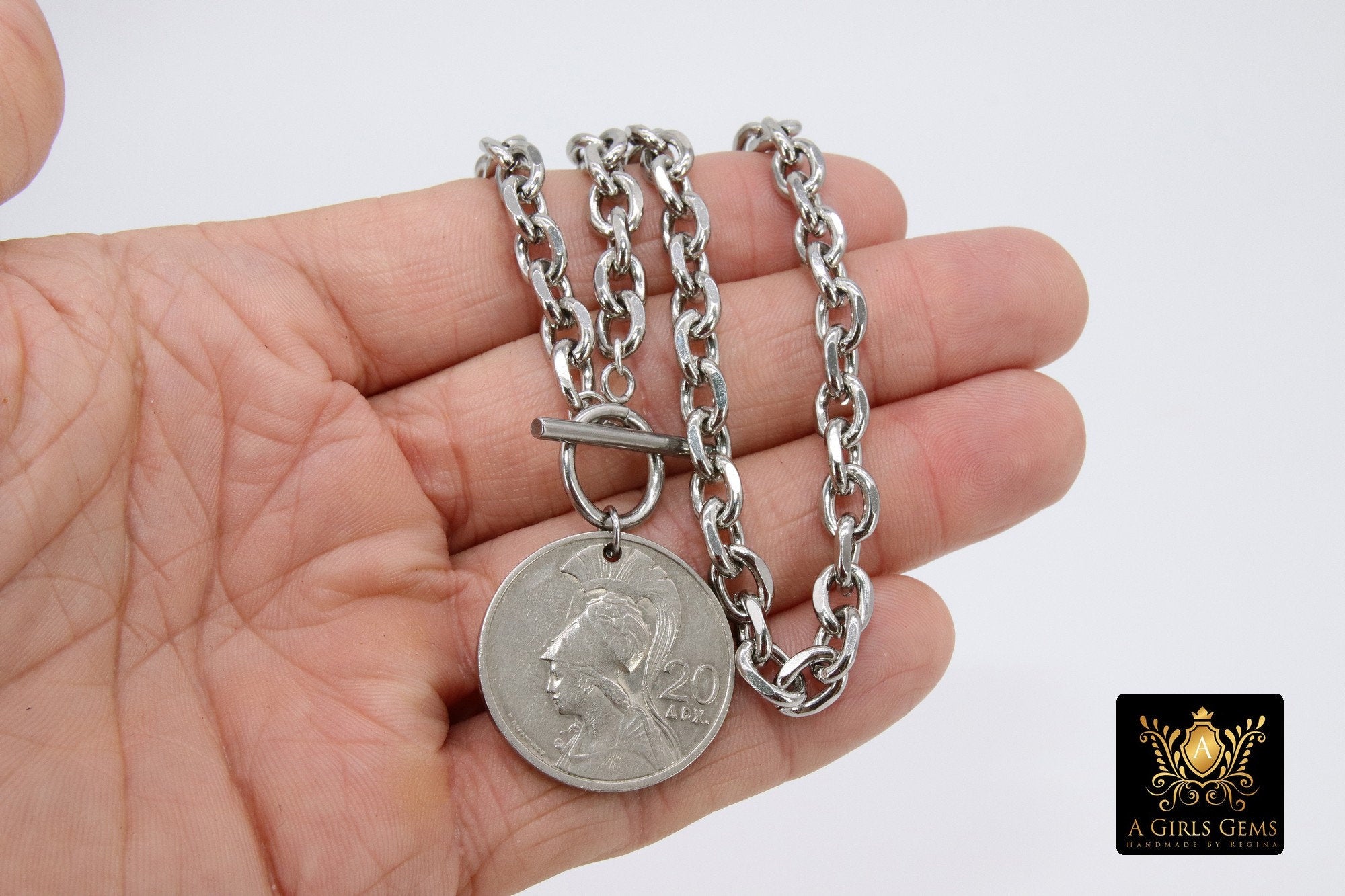 Greek Athena God Silver Coin Necklace, Silver Phoenix Toggle Wrap Necklace, Chunky Cable Chain - A Girls Gems