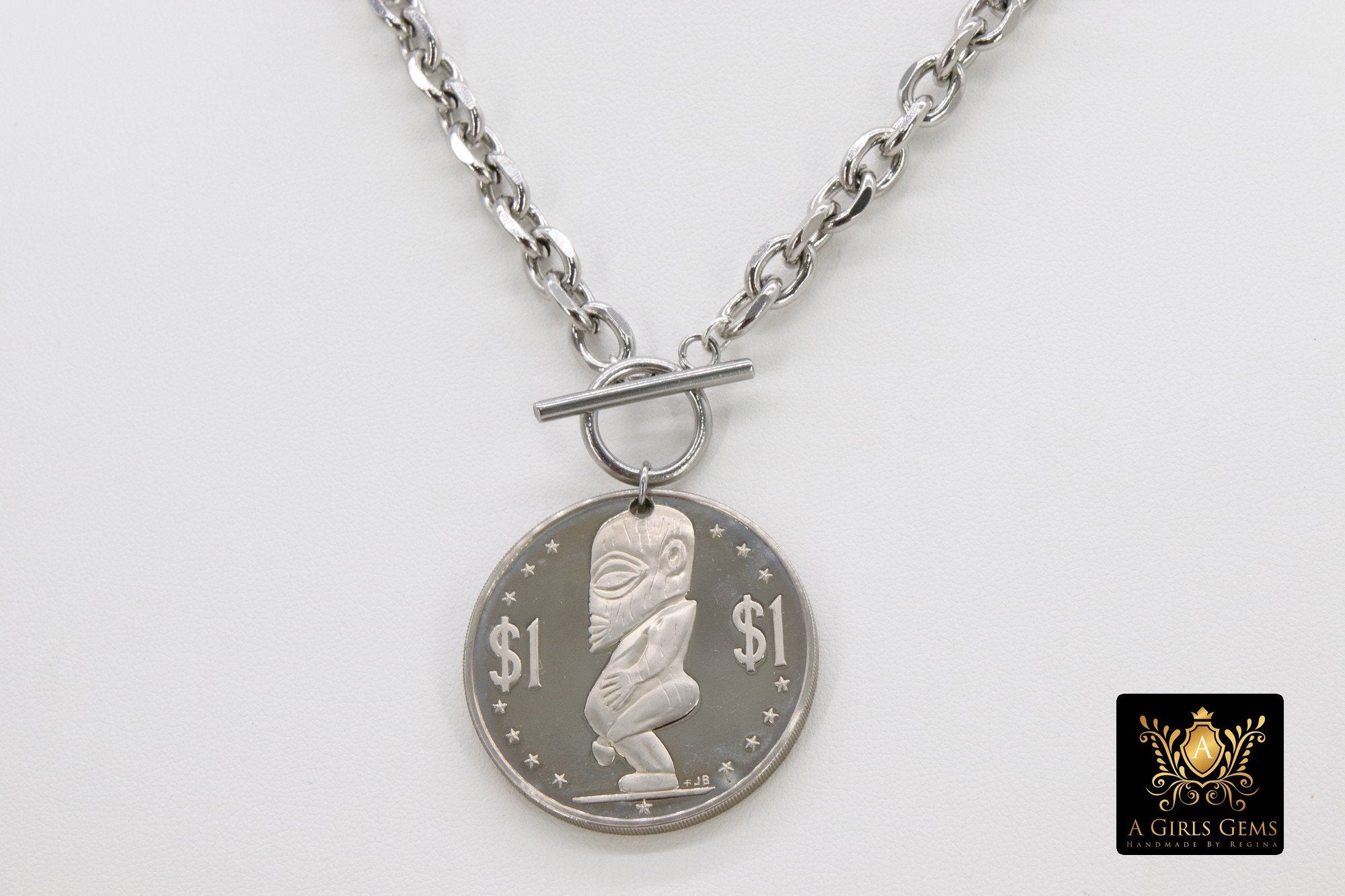 Silver Coin Necklace, Tangaroa God, Toggle Wrap Large Cable Chain, Cook Island Tiki Coin, Queen Elizabeth - A Girls Gems