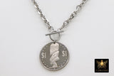 Silver Coin Necklace, Tangaroa God, Toggle Wrap Large Cable Chain, Cook Island Tiki Coin, Queen Elizabeth - A Girls Gems