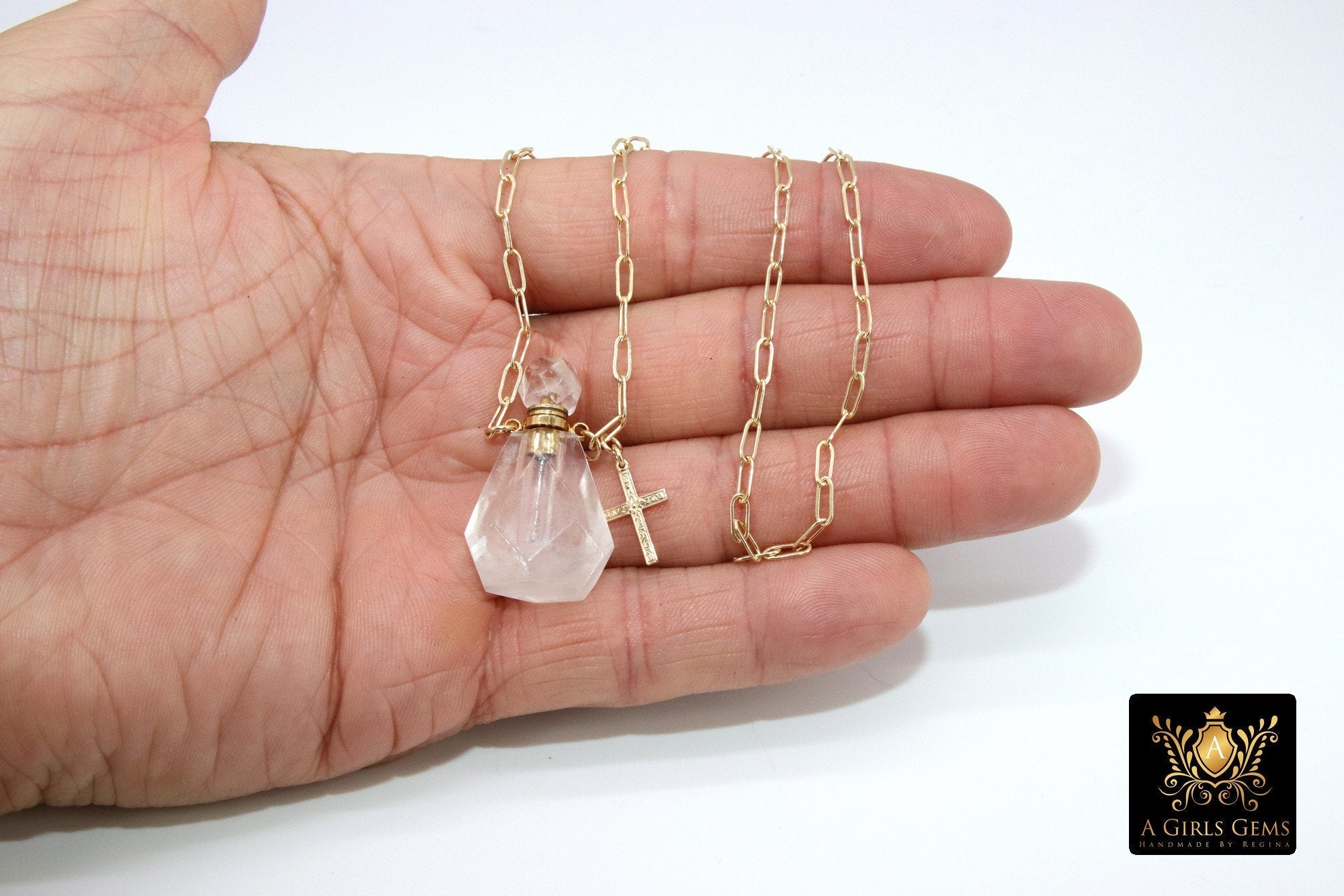 Holy Water Tiny Bottle Necklace, 14 K Gold Filled Rectangle Chain with Cross or Initial, Perfume,Essential Oil Bottle - A Girls Gems