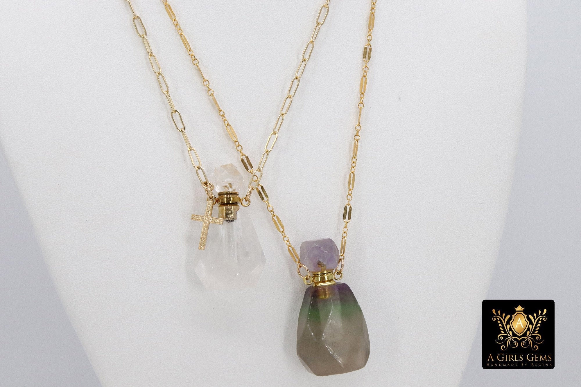 Holy Water Tiny Bottle Necklace, 14 K Gold Filled Rectangle Chain with Cross or Initial, Perfume,Essential Oil Bottle - A Girls Gems