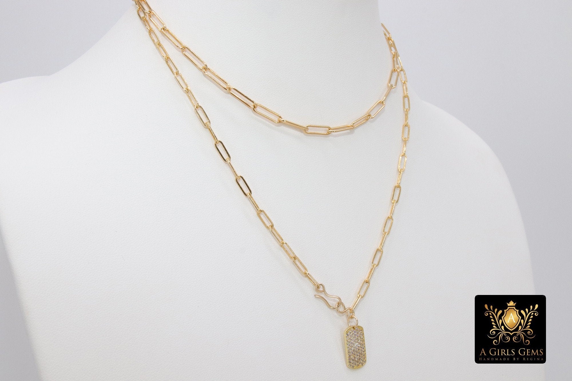 Gold Chain Necklace, 14 K Gold Paperclip Choker, Mini Dog Tag Charm, Oval Link Chain - A Girls Gems