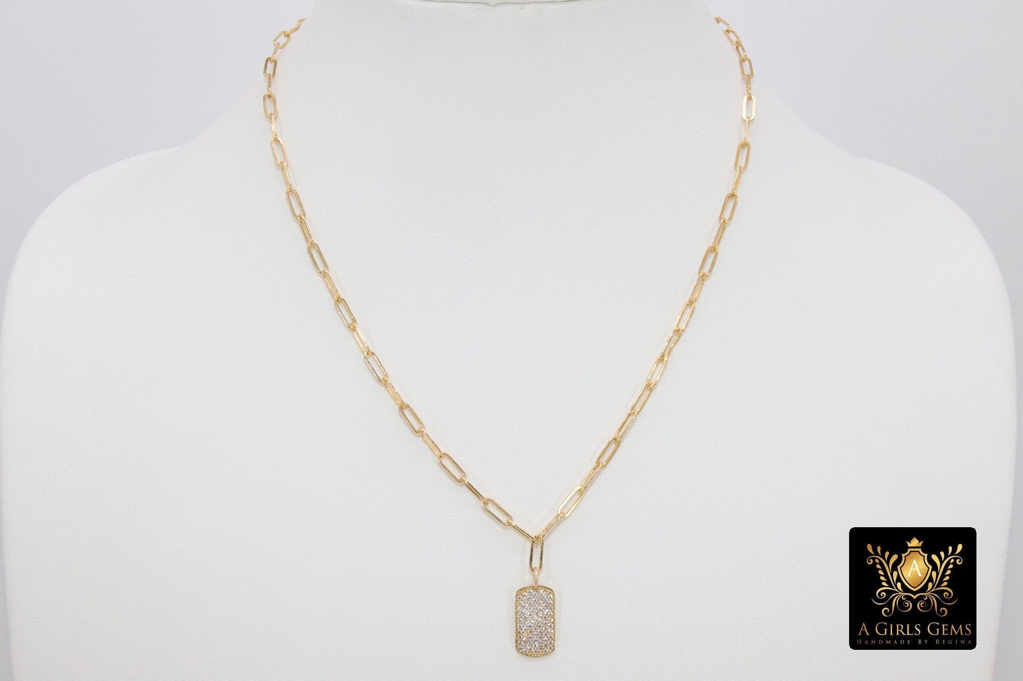 Gold Chain Necklace, 14 K Gold Paperclip Choker, Mini Dog Tag Charm, Oval Link Chain - A Girls Gems
