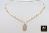 Gold Chain Necklace, 14 K Gold Paperclip Choker, Mini Dog Tag Charm, Oval Link Chain