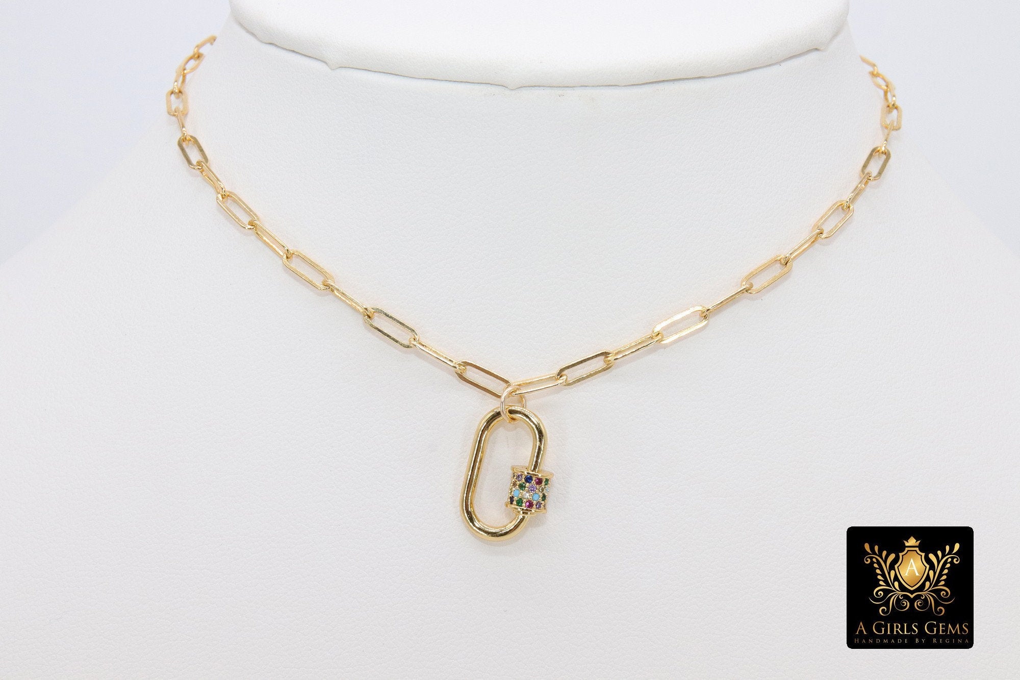 Gold Chain Necklace, 14 K Gold Paperclip Choker, CZ Mini Screw Oval Rainbow Clasp - A Girls Gems