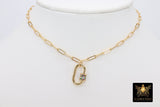 Gold Chain Necklace, 14 K Gold Paperclip Choker, CZ Mini Screw Oval Rainbow Clasp - A Girls Gems