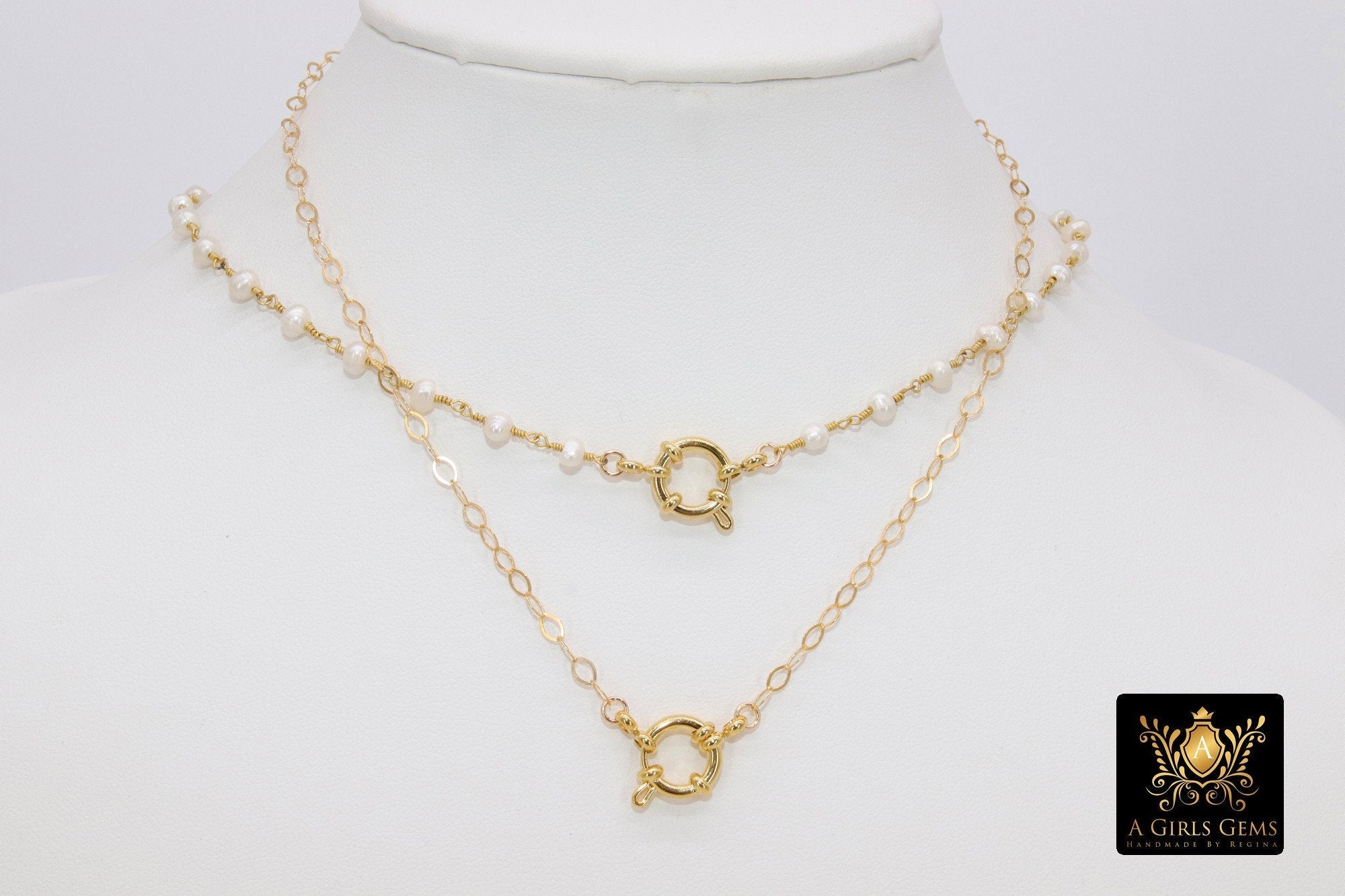 Pearl Necklace, White Freshwater Pearl Choker, Large Gold Spring Ring Clasp Jewelry - A Girls Gems