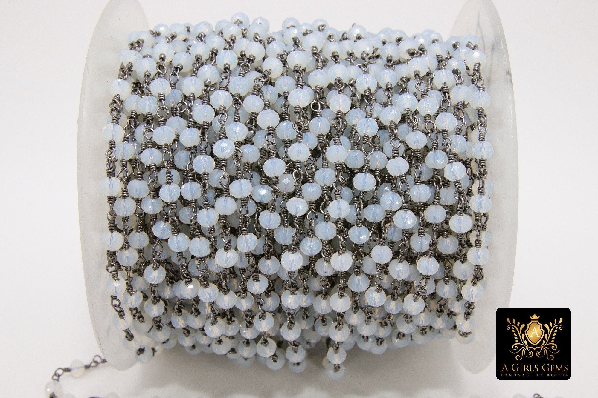 White Opal Rosary Chain, 4 mm Gunmetal Black Beaded Opalite Chain, Clear Bulk Wholesale - A Girls Gems