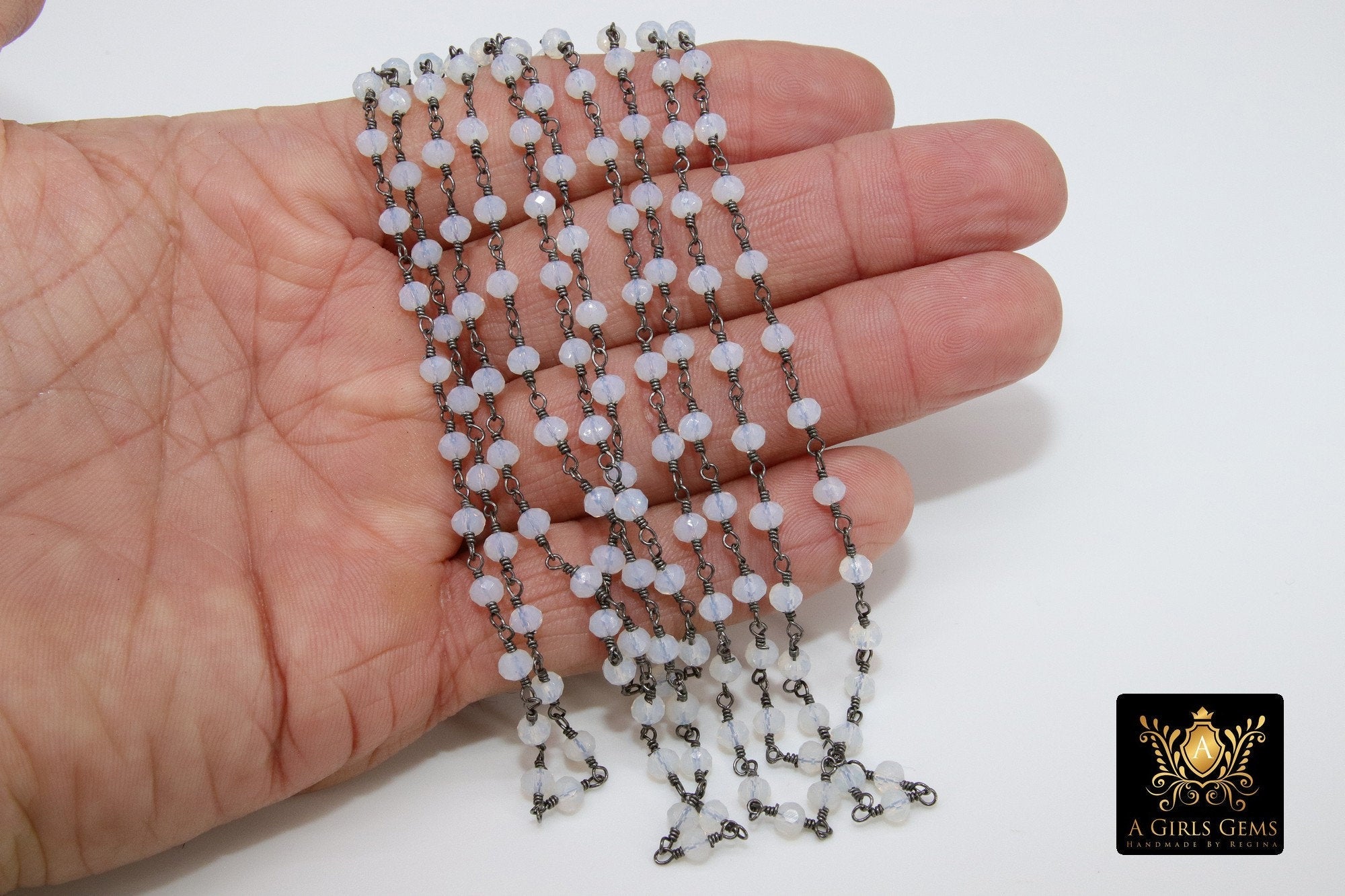 White Opal Rosary Chain, 4 mm Gunmetal Black Beaded Opalite Chain, Clear Bulk Wholesale - A Girls Gems