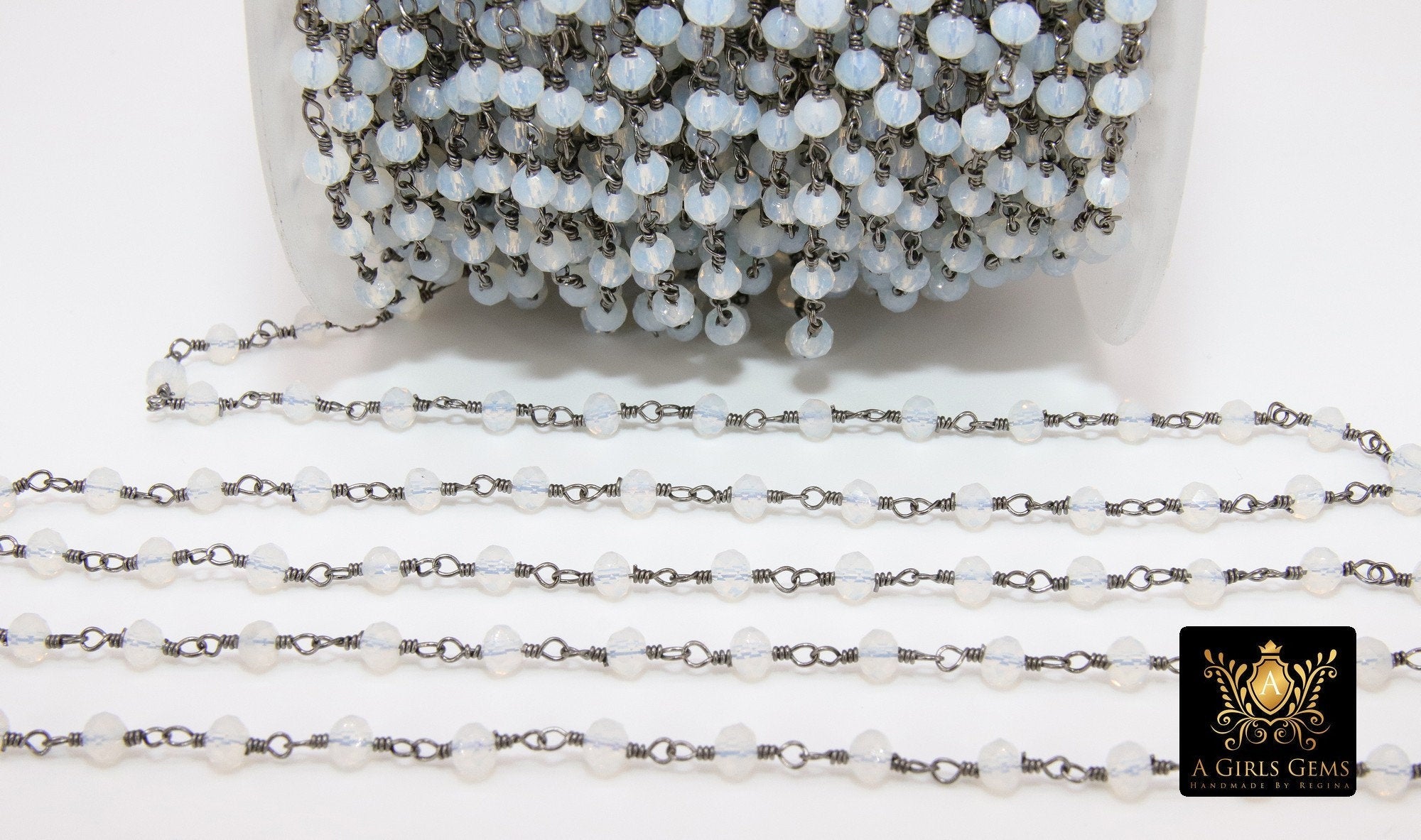 White Opal Rosary Chain, 4 mm Gunmetal Black Beaded Opalite Chain, Clear Bulk Wholesale - A Girls Gems