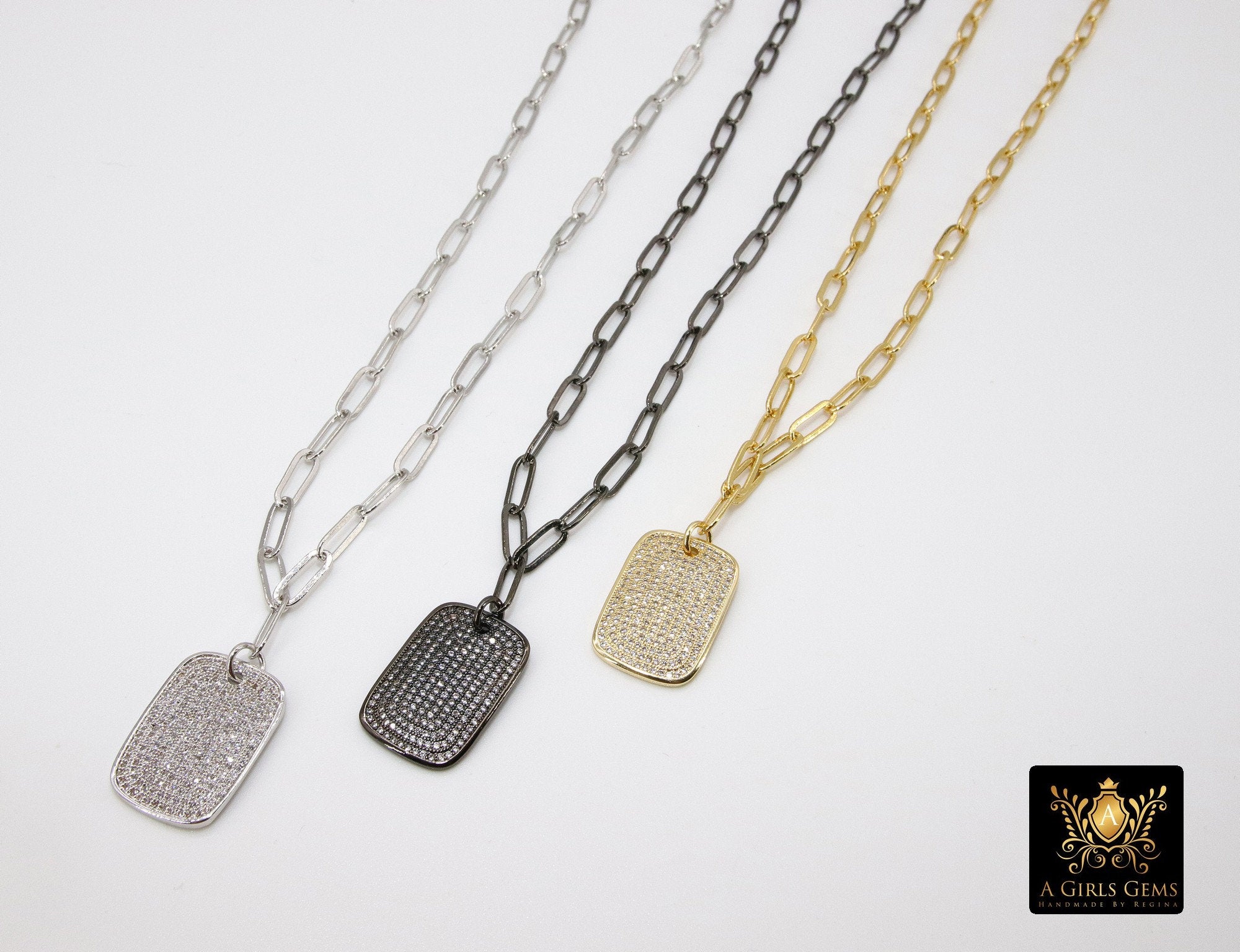 Dog Tag Necklace, CZ Silver Rectangle Pendants - A Girls Gems