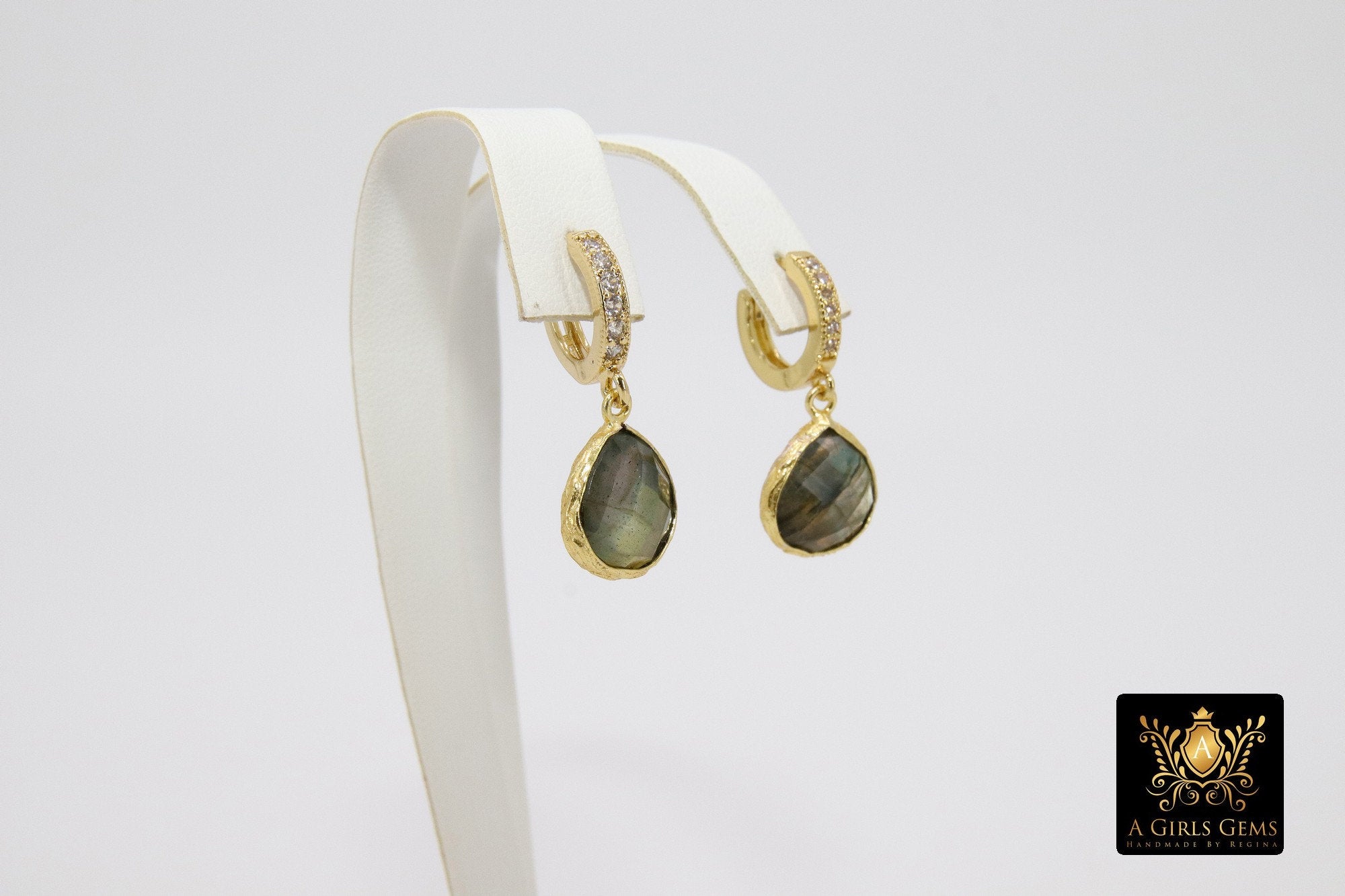 Huggie Hoop Earrings, Labradorite and Gold Hoops, CZ Latch back Gemstone Earring - A Girls Gems
