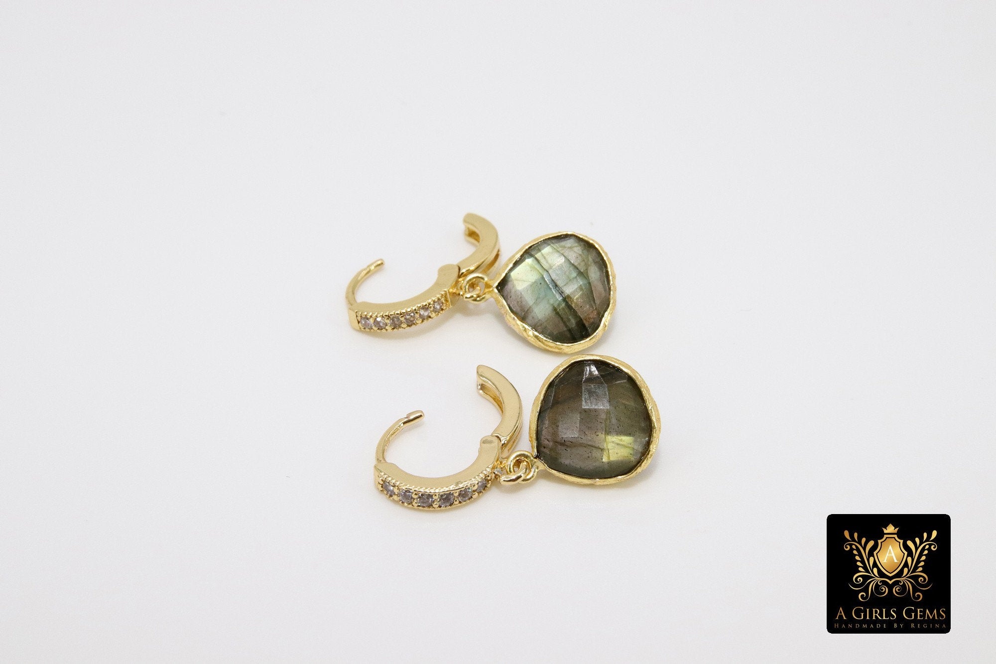 Huggie Hoop Earrings, Labradorite and Gold Hoops, CZ Latch back Gemstone Earring - A Girls Gems