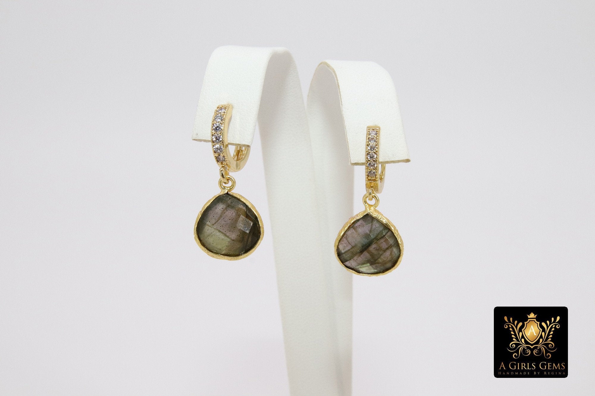 Huggie Hoop Earrings, Labradorite and Gold Hoops, CZ Latch back Gemstone Earring - A Girls Gems