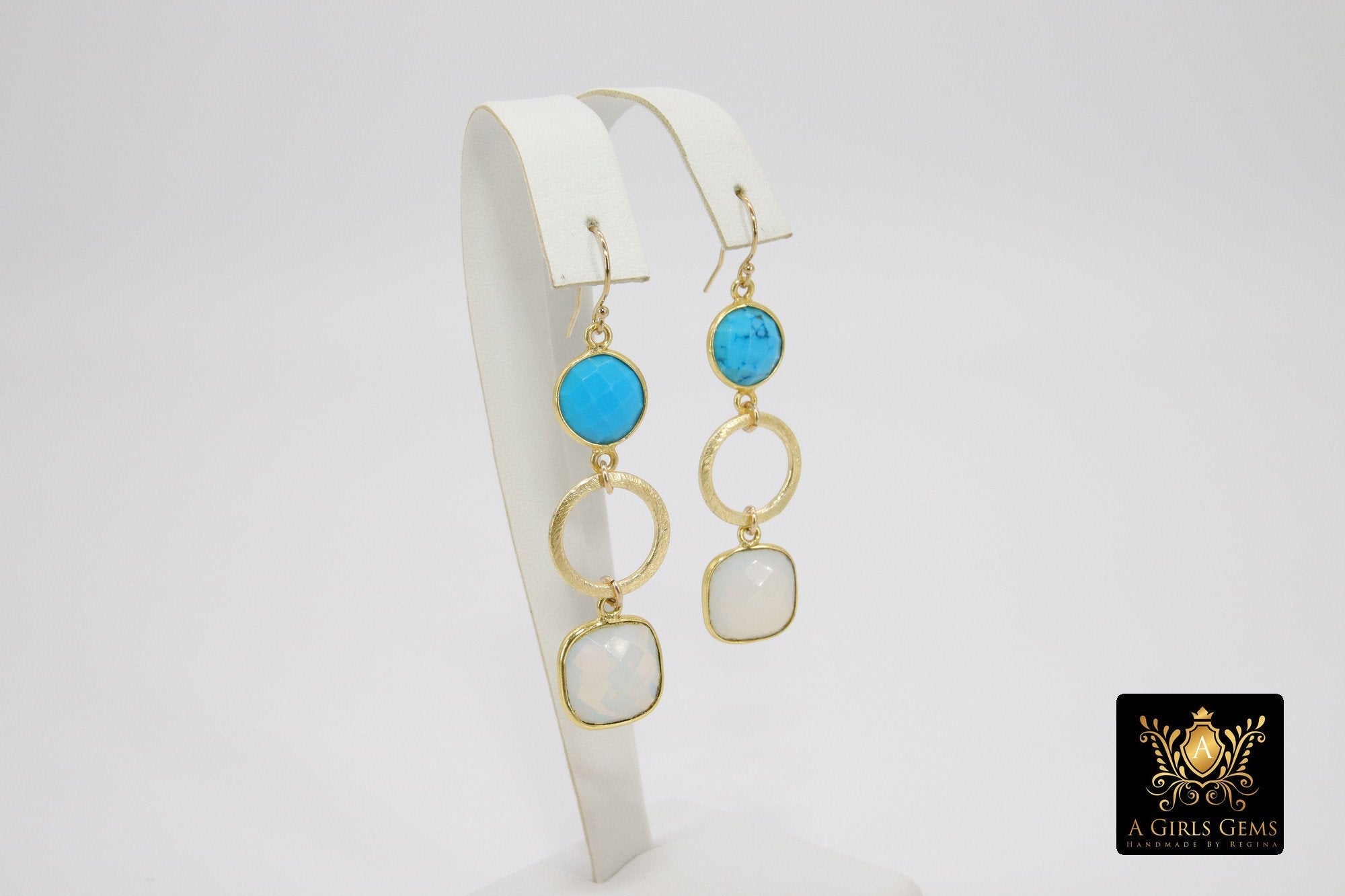 14 K Gold Blue Turquoise Earrings, Black Onyx Gemstones, Dangle Ear Wire Hooks - A Girls Gems