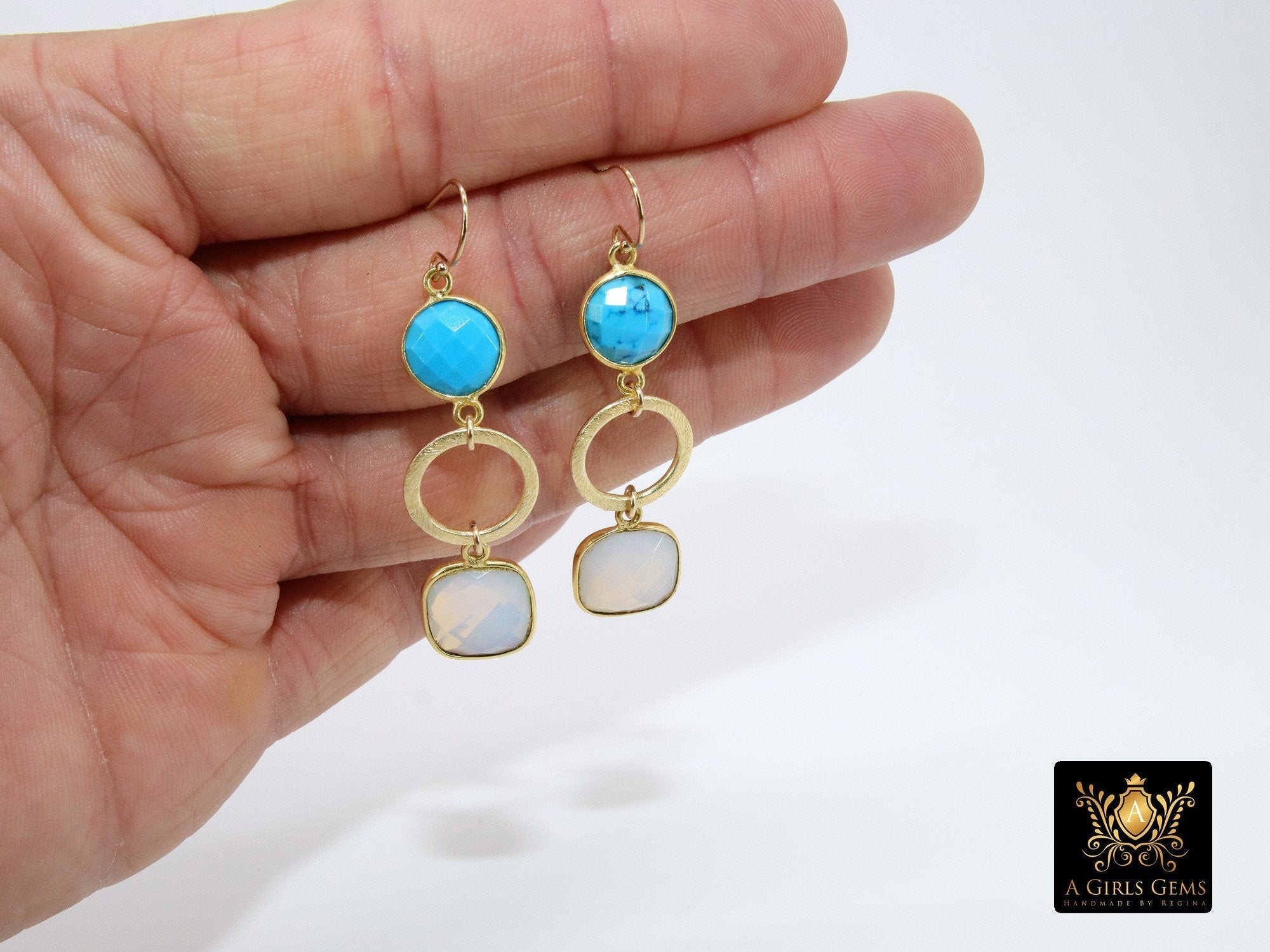 14 K Gold Blue Turquoise Earrings, Black Onyx Gemstones, Dangle Ear Wire Hooks - A Girls Gems