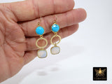14 K Gold Blue Turquoise Earrings, Black Onyx Gemstones, Dangle Ear Wire Hooks - A Girls Gems