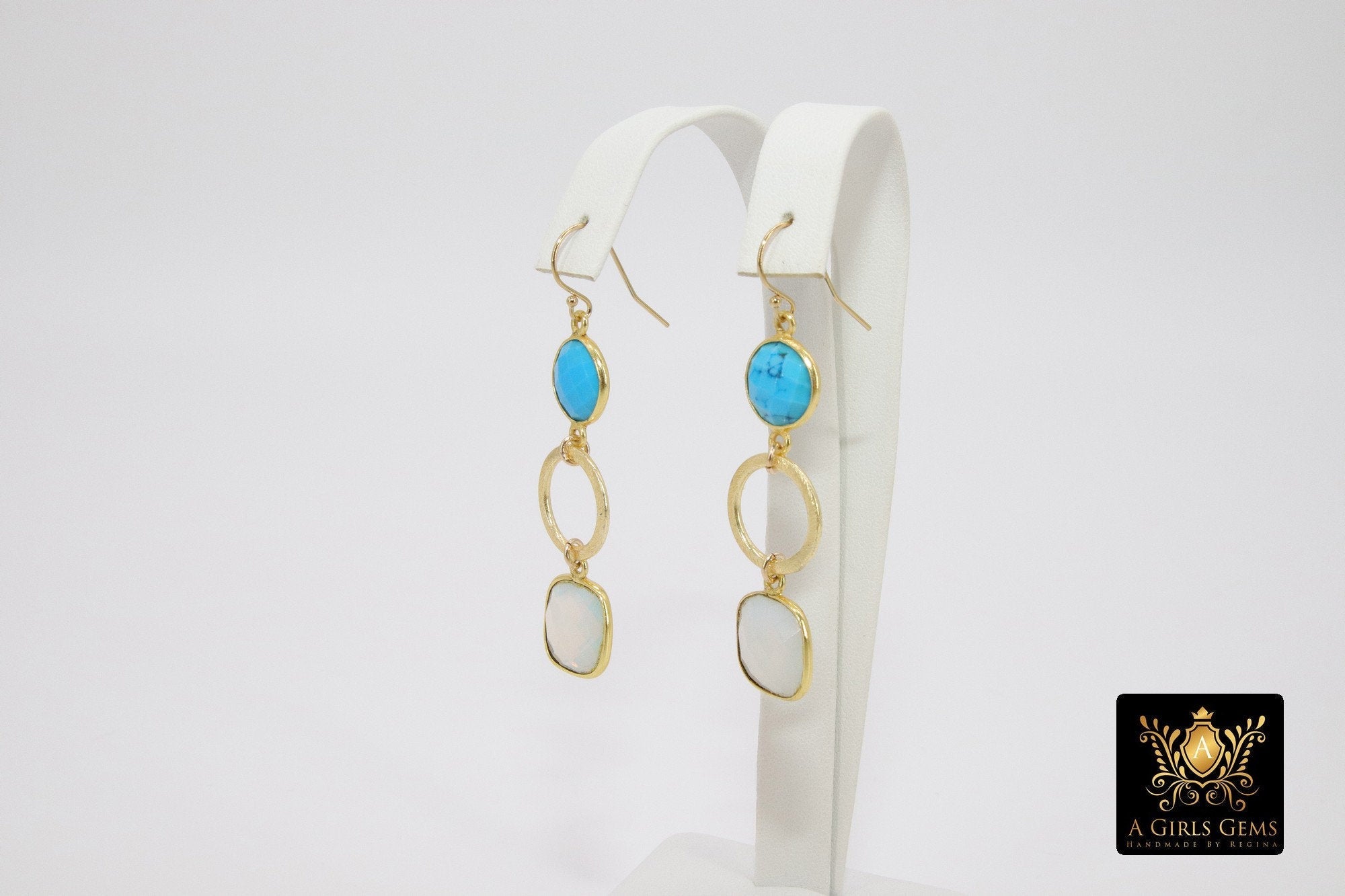 14 K Gold Blue Turquoise Earrings, Black Onyx Gemstones, Dangle Ear Wire Hooks - A Girls Gems