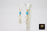 14 K Gold Blue Turquoise Earrings, Black Onyx Gemstones, Dangle Ear Wire Hooks - A Girls Gems
