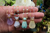 Holy Water Bottle Rosary Chain Necklace, Perfume or Essence Oil Amethyst, Natural Pink Tourmaline Gold Pyrite Necklace - A Girls Gems