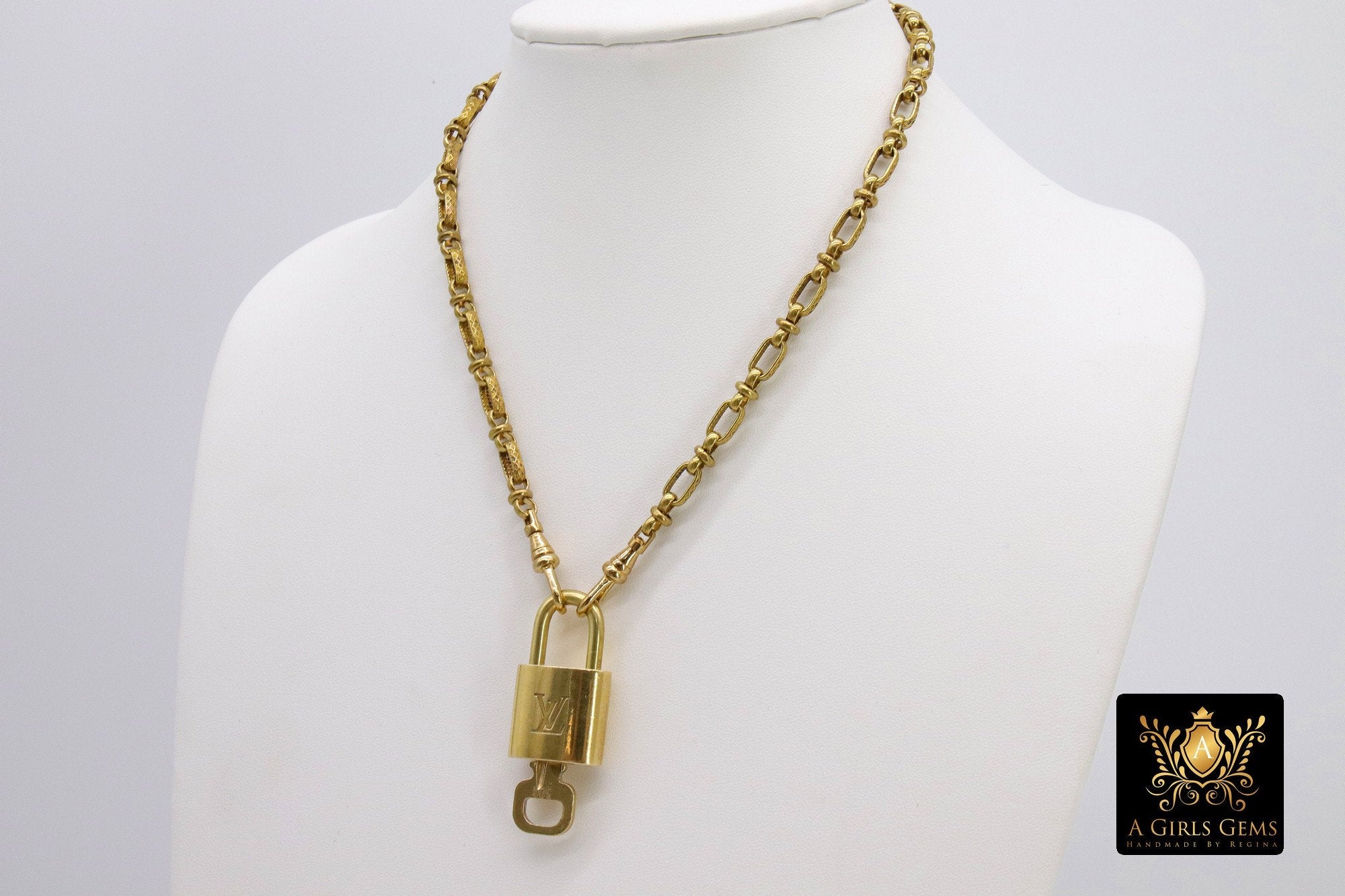 Gold Lock and Key Fob Necklace, Gold LV Lock and Key Vintage Textured Oval Cable Chain - A Girls Gems