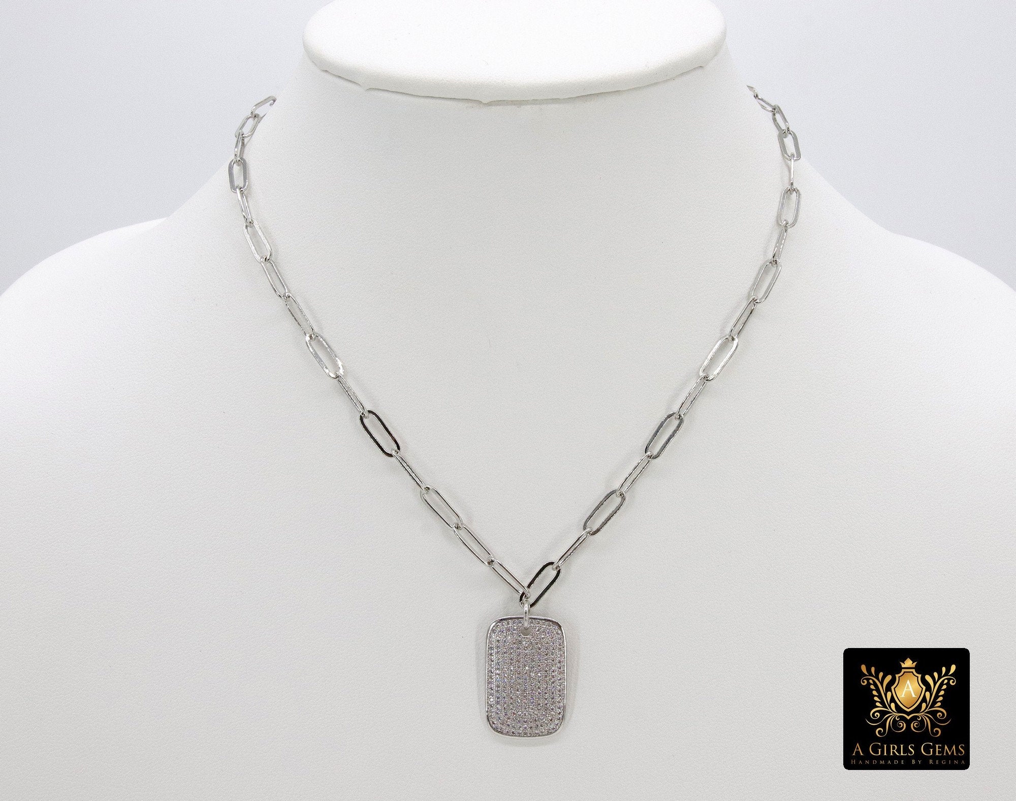 Dog Tag Necklace, CZ Silver Rectangle Pendants - A Girls Gems