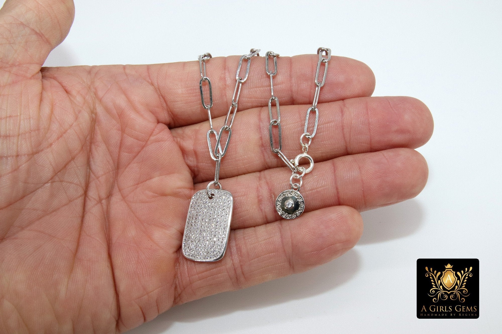Dog Tag Necklace, CZ Silver Rectangle Pendants - A Girls Gems